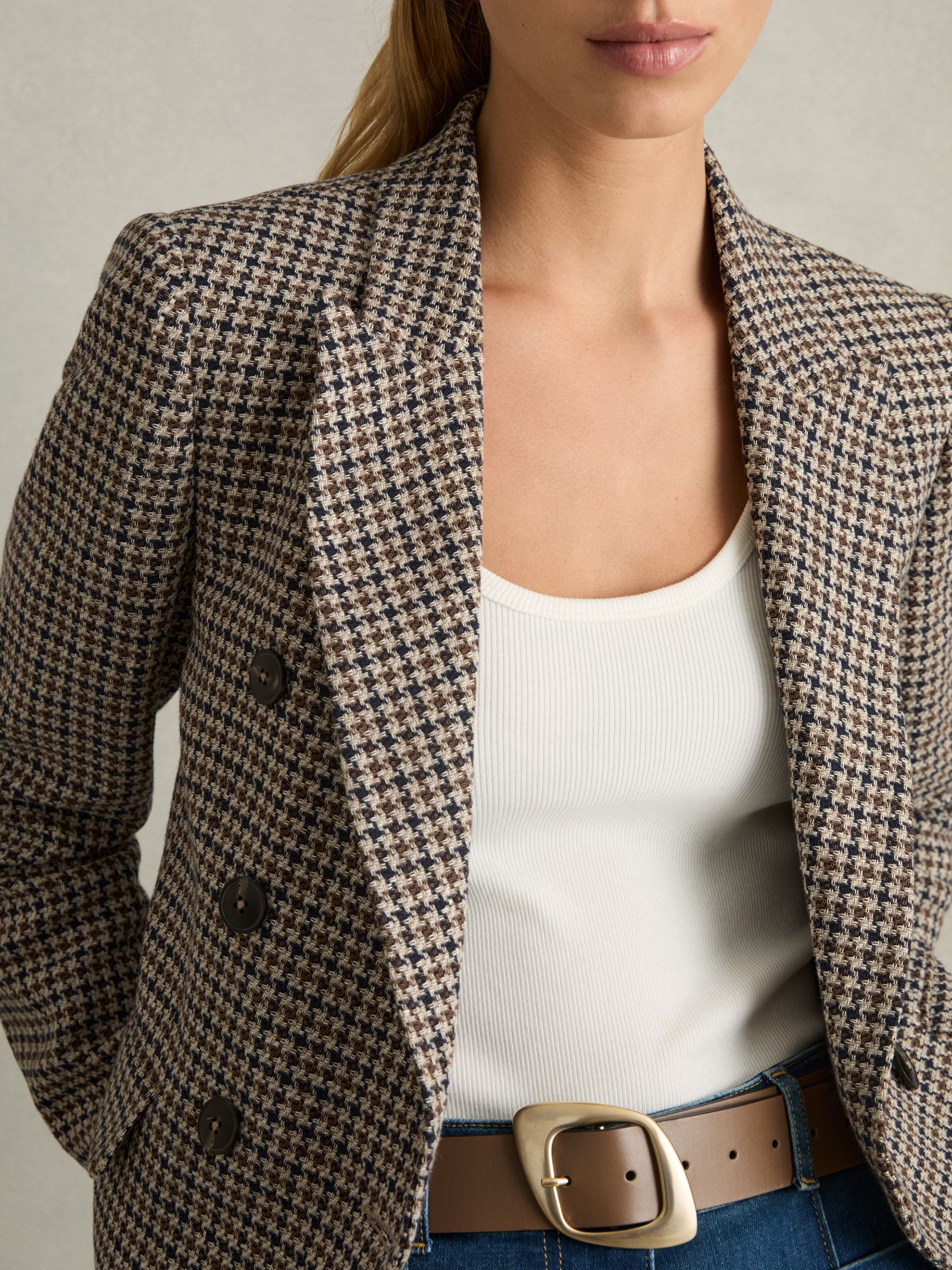 Cotton-Linen Double-Breasted Houndstooth-Check Blazer in Navy Neutral Check - Image 3 of 7