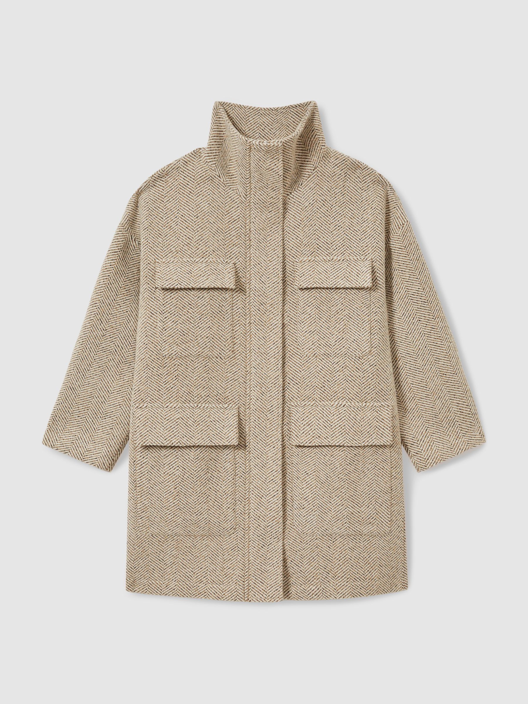 Reiss Funnel-Neck Herringbone Coat With Wool in Neutral | REISS
