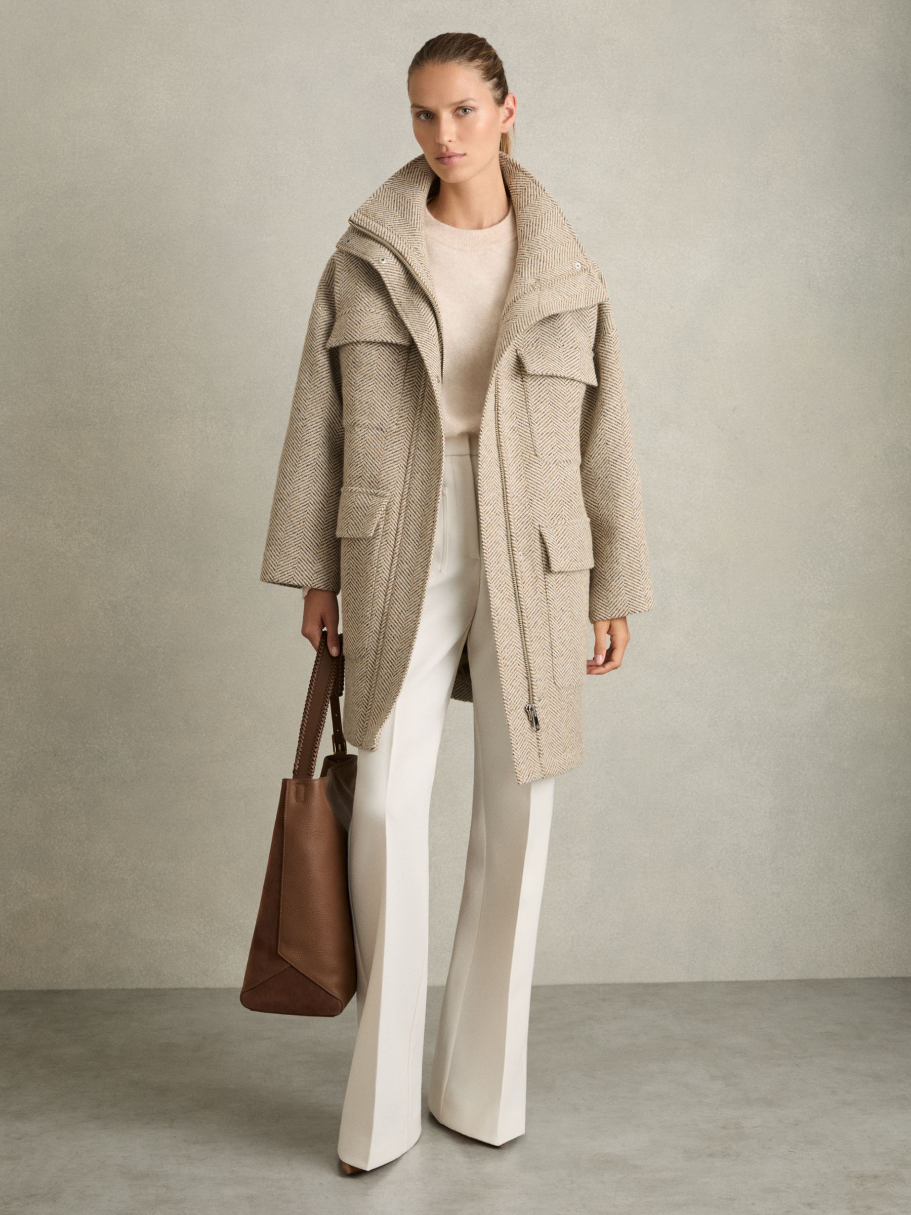 Funnel-Neck Herringbone Coat With Wool in Neutral - Image 3 of 6