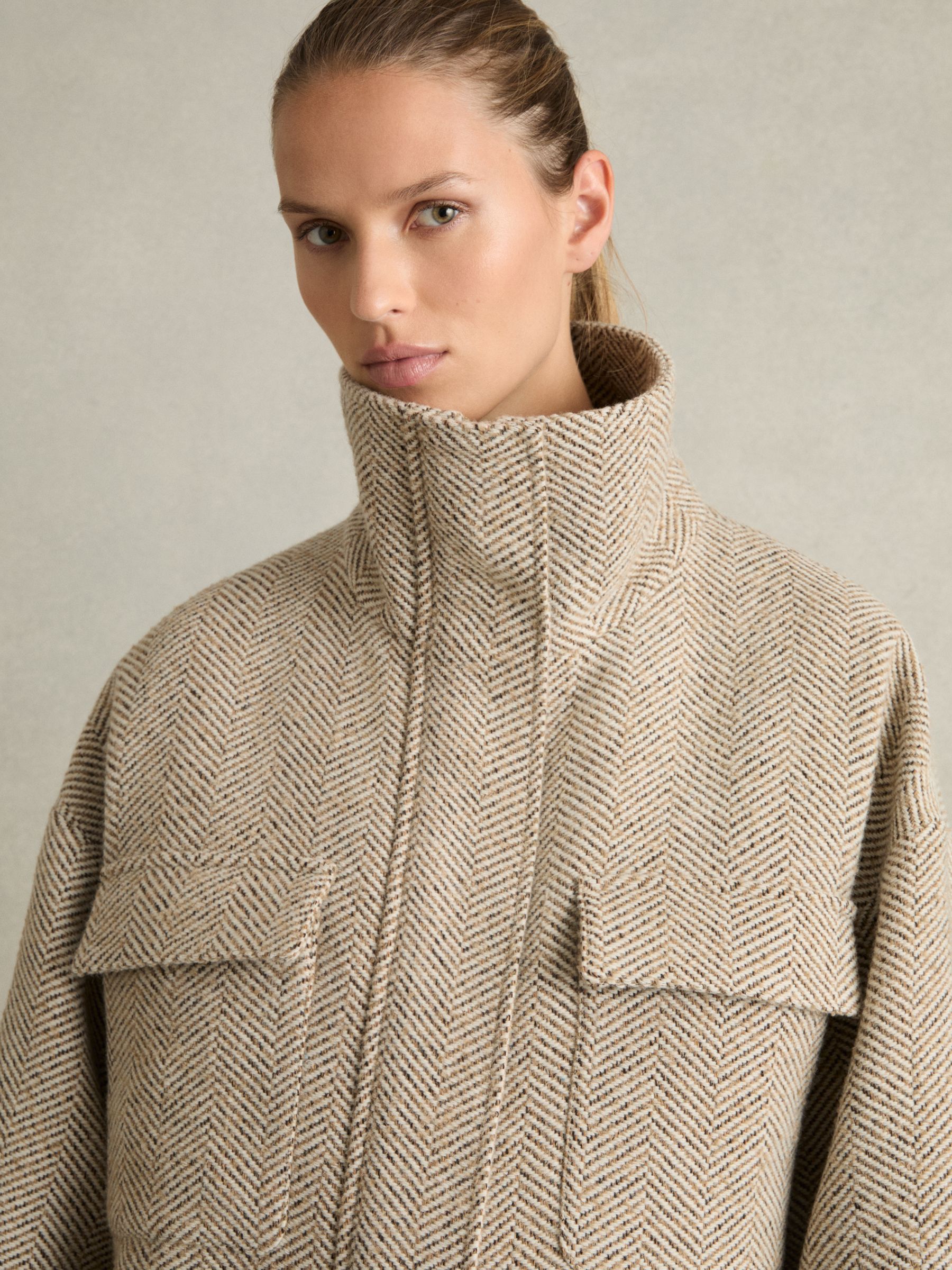 Funnel-Neck Herringbone Coat With Wool in Neutral - Image 4 of 6
