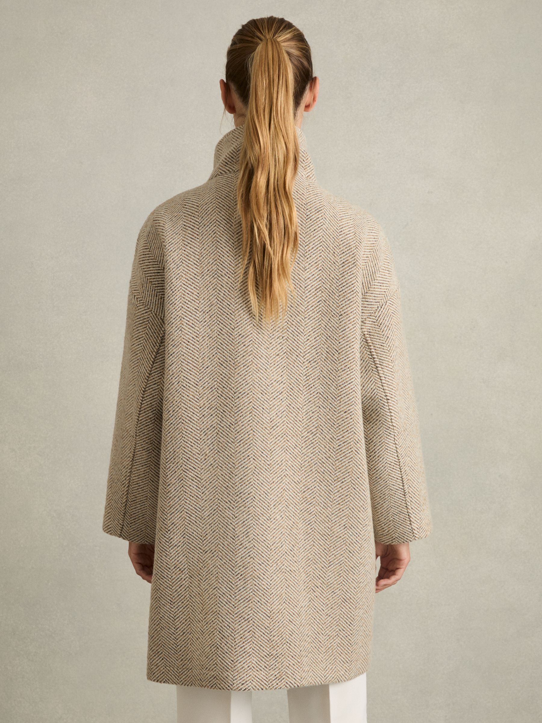 Funnel-Neck Herringbone Coat With Wool in Neutral - Image 5 of 6