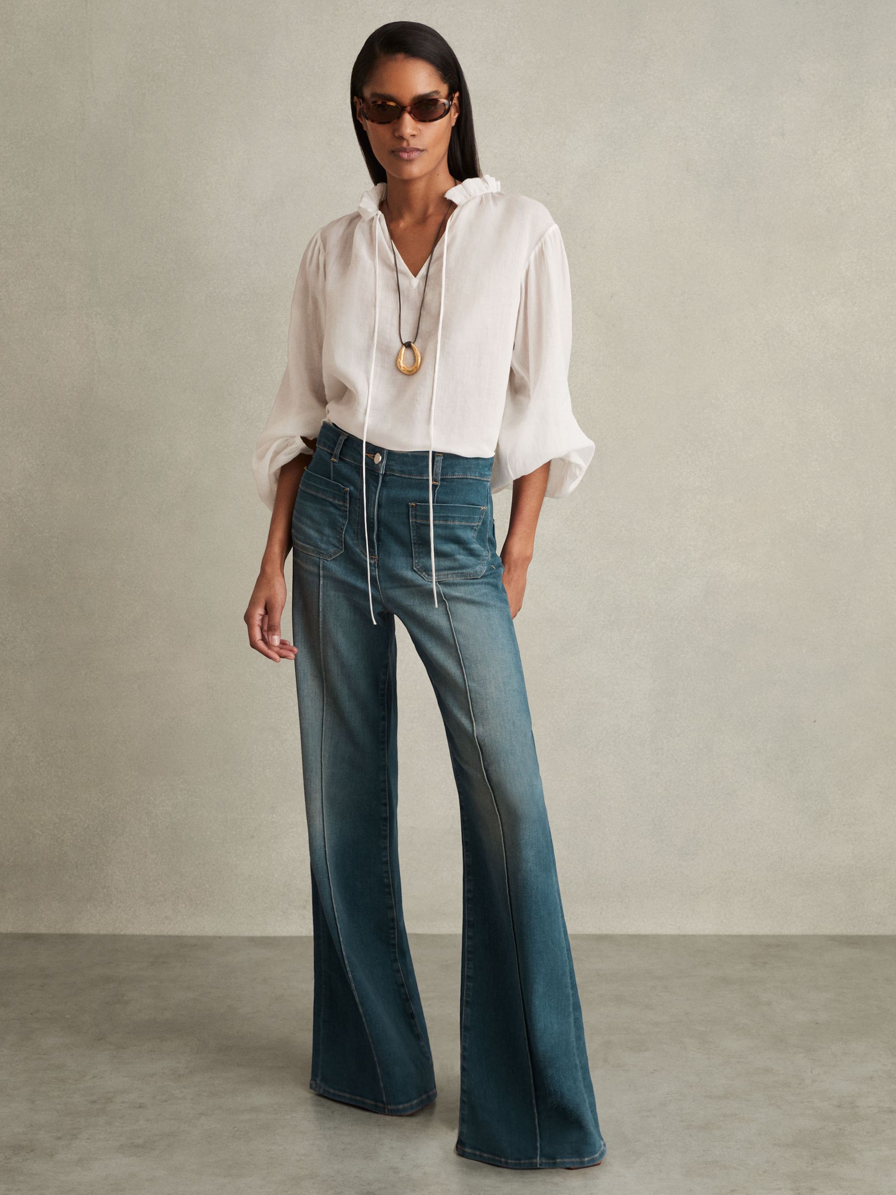 Petite Patch Pocket Flared Jeans in Mid Blue - Image 8 of 10