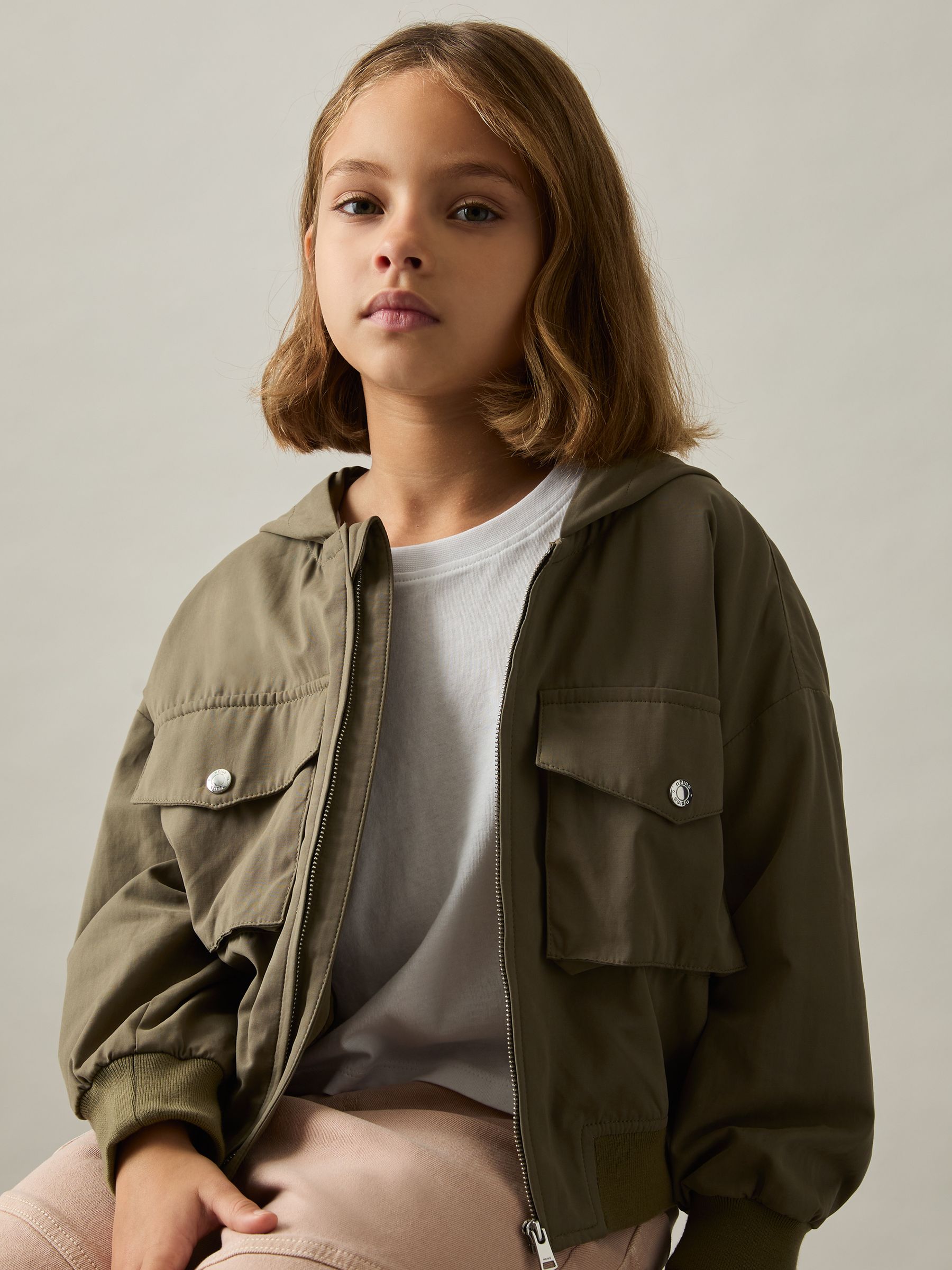 13-14 yrs Hooded Utility Bomber Jacket in Khaki - Image 2 of 4
