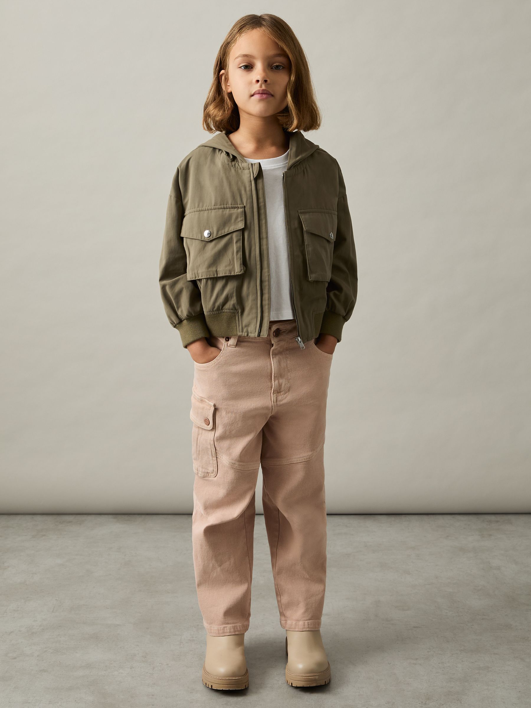 13-14 yrs Hooded Utility Bomber Jacket in Khaki - Image 3 of 4