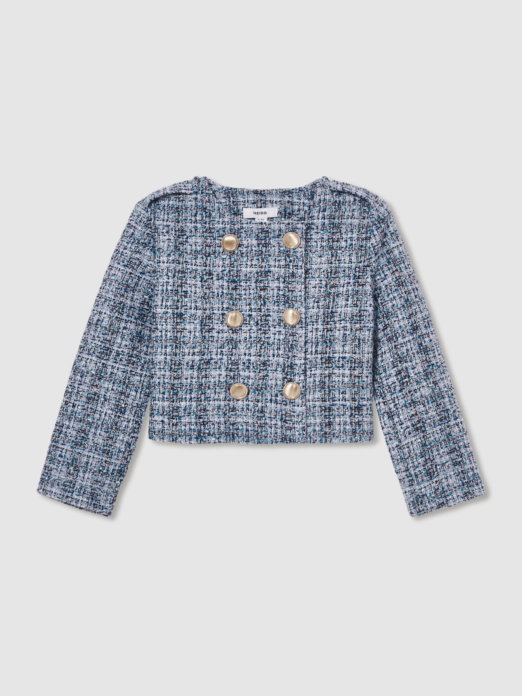 9-13 yrs Double-Breasted Bouclé Jacket in Blue - Image 2 of 4