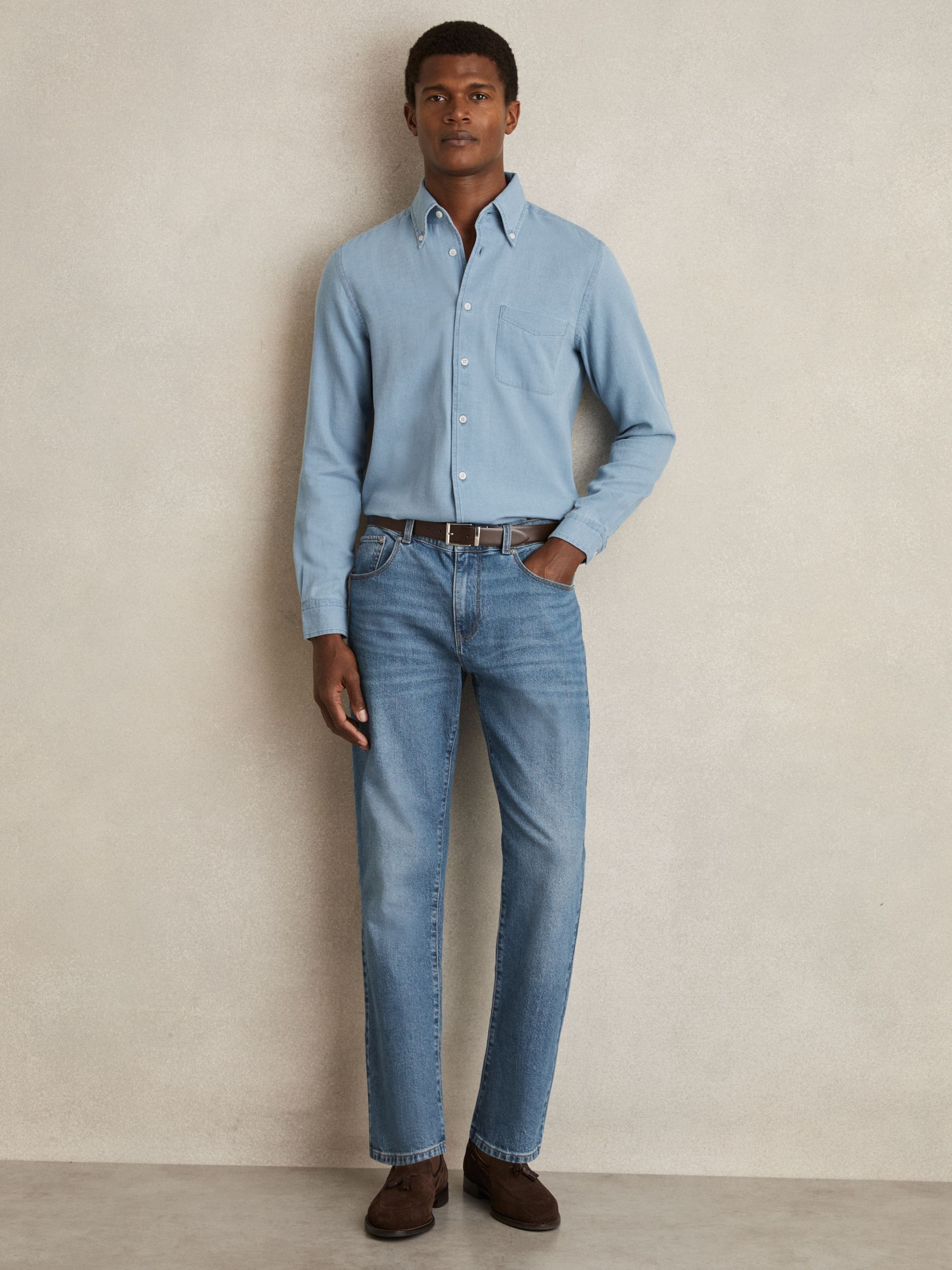Cotton-Piqué Button-Down Chambray Shirt in Washed Blue - Image 1 of 7