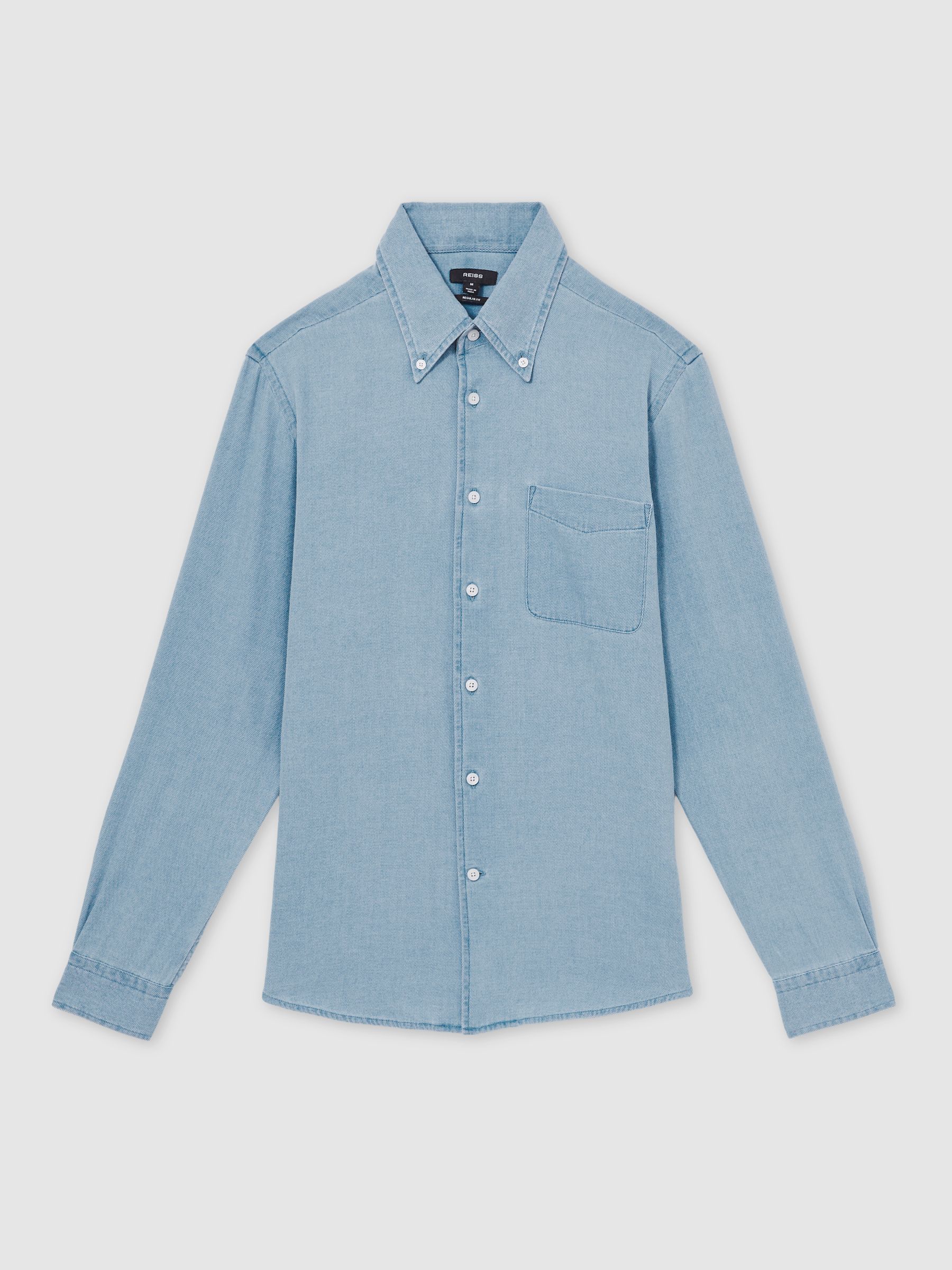 Cotton-Piqué Button-Down Chambray Shirt in Washed Blue - Image 2 of 7