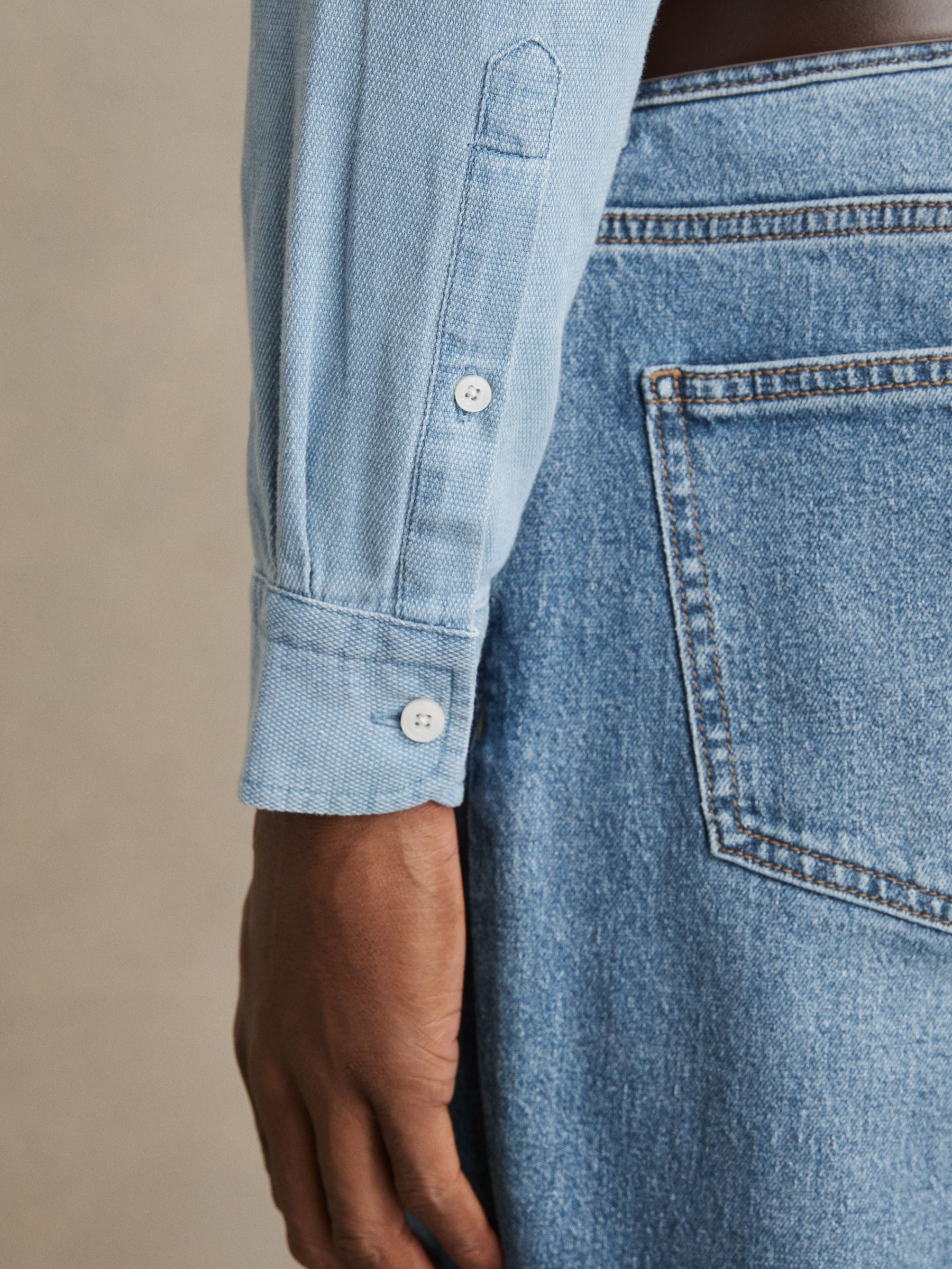 Cotton-Piqué Button-Down Chambray Shirt in Washed Blue - Image 4 of 7