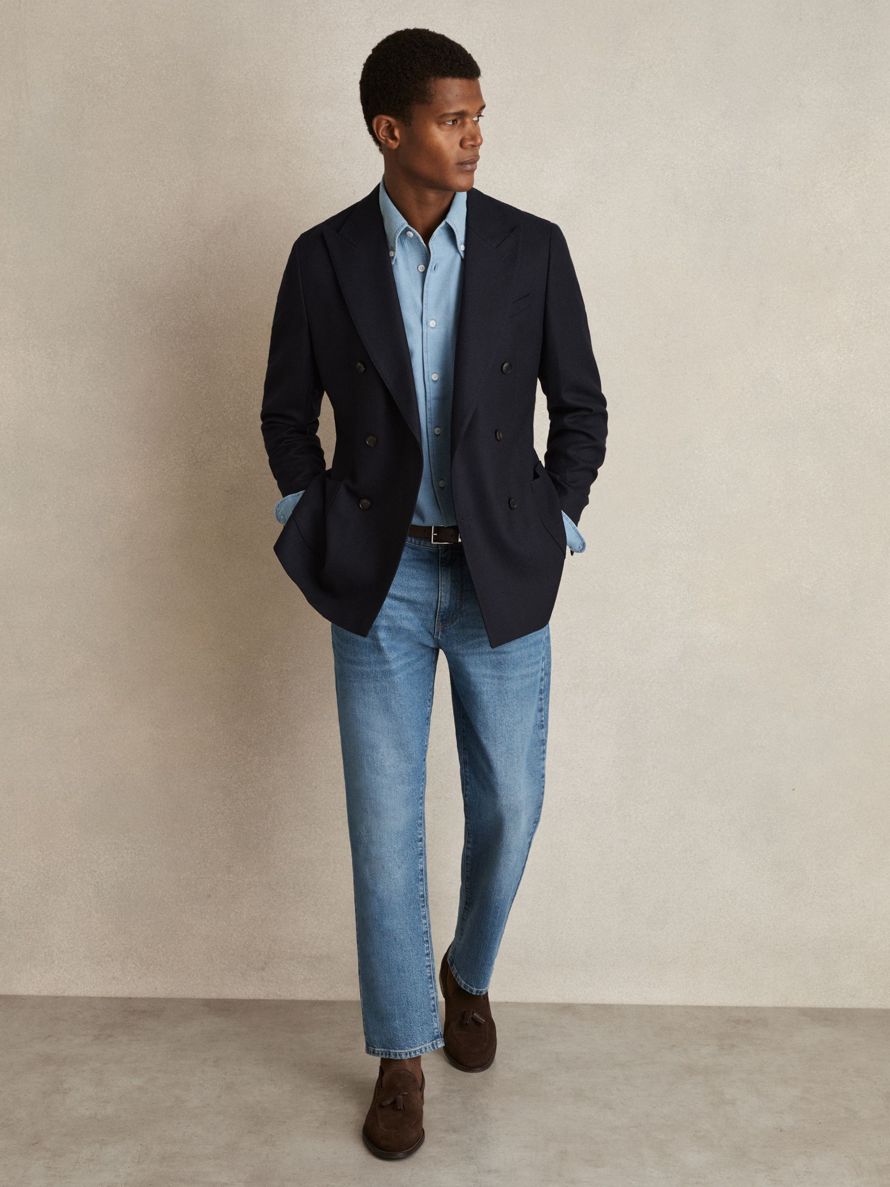 Cotton-Piqué Button-Down Chambray Shirt in Washed Blue - Image 5 of 7