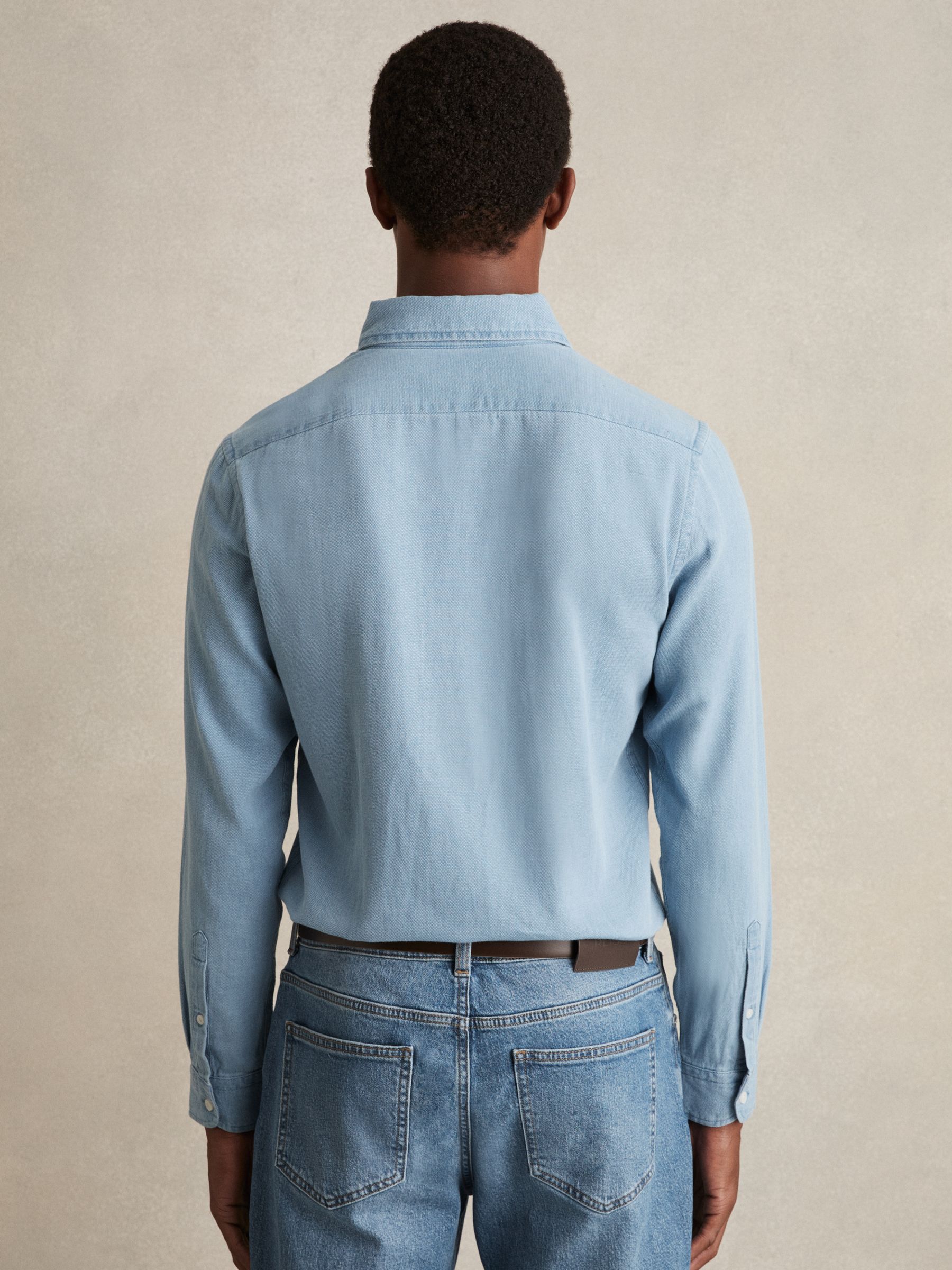 Cotton-Piqué Button-Down Chambray Shirt in Washed Blue - Image 6 of 7