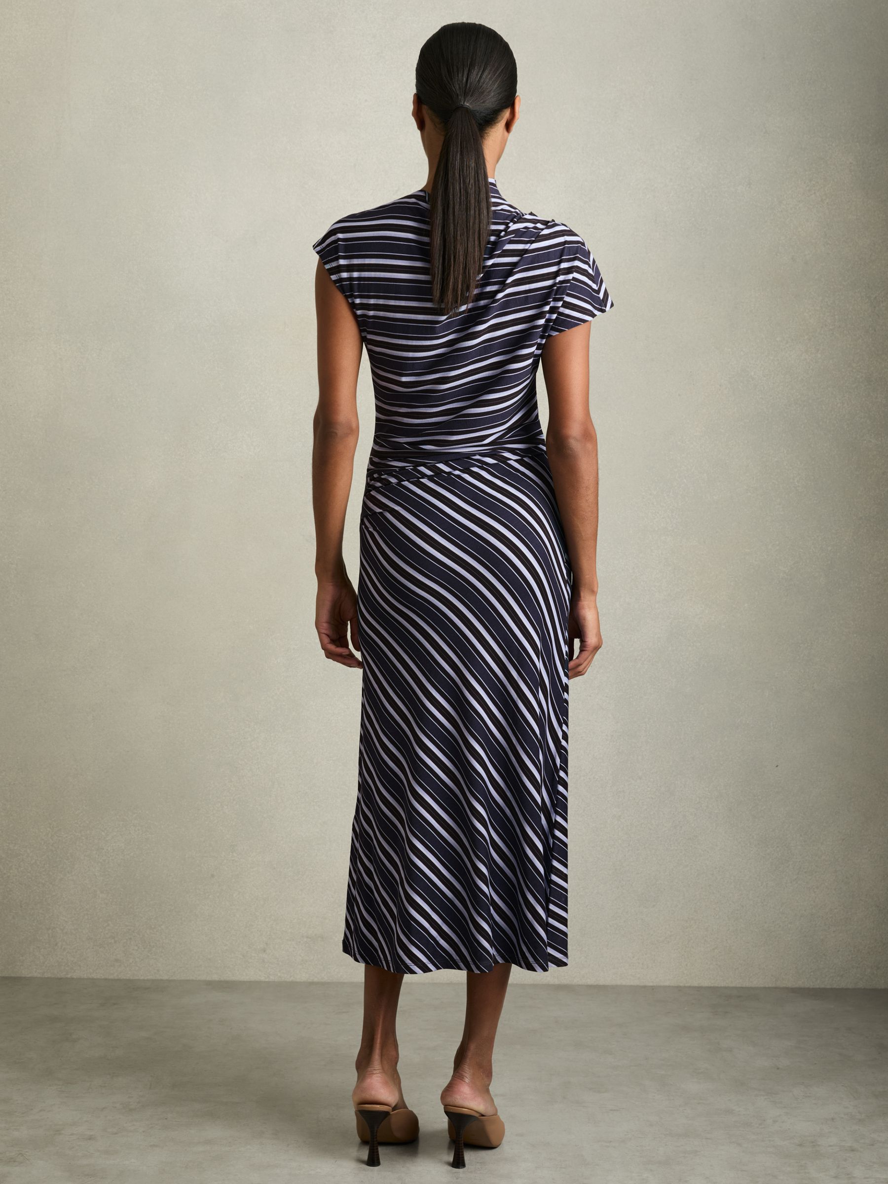 Stripe-Print Draped Midi Dress in Blue - Image 4 of 5