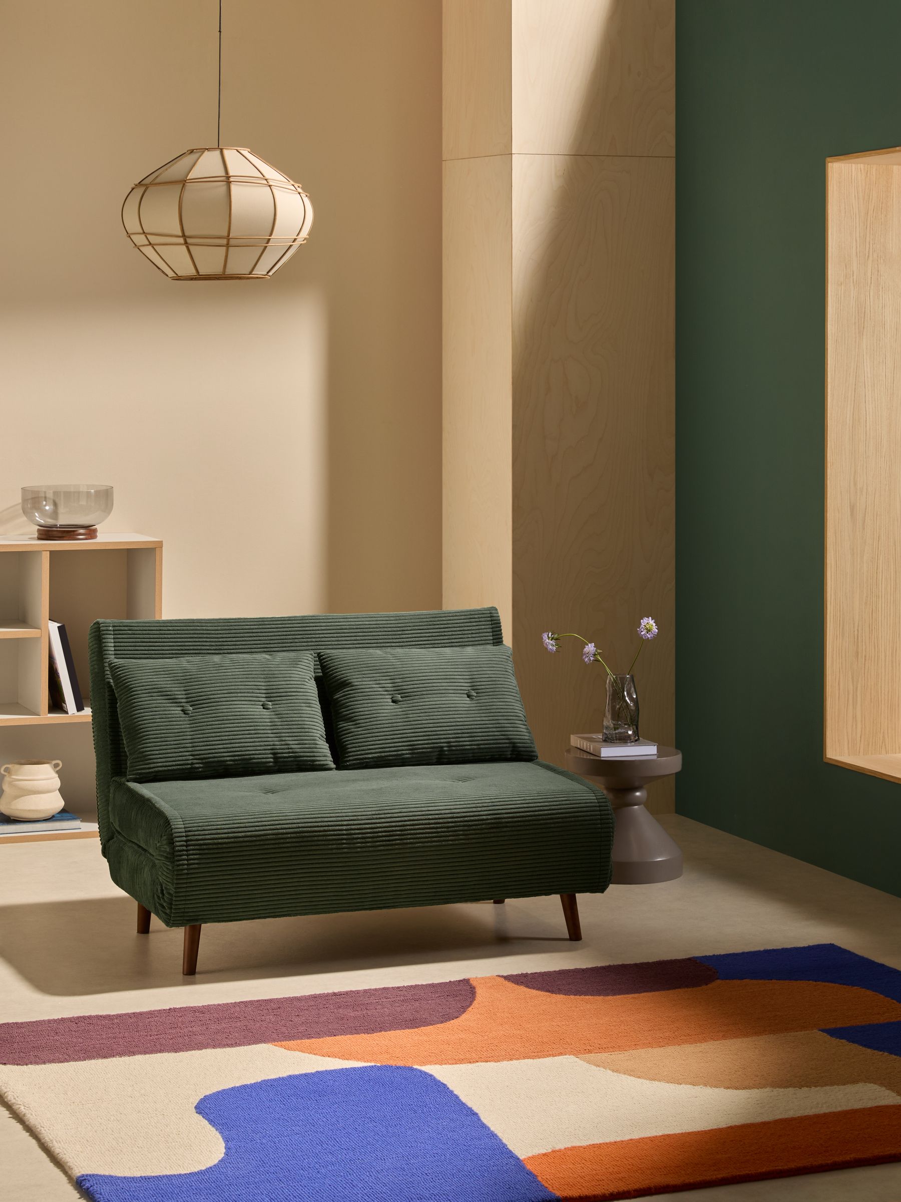 Haru Single 1 Seater Sofa Bed in Olive Green Corduroy - Image 1 of 7