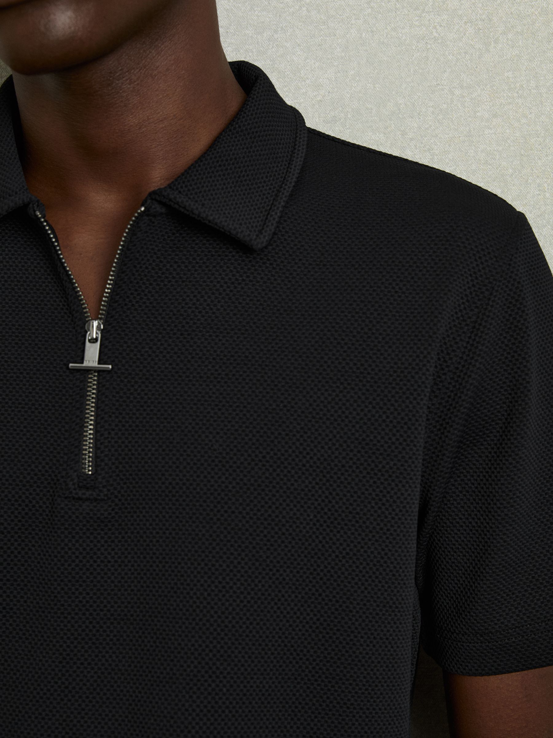 Reiss Textured Half-Zip Polo Shirt in Black | REISS