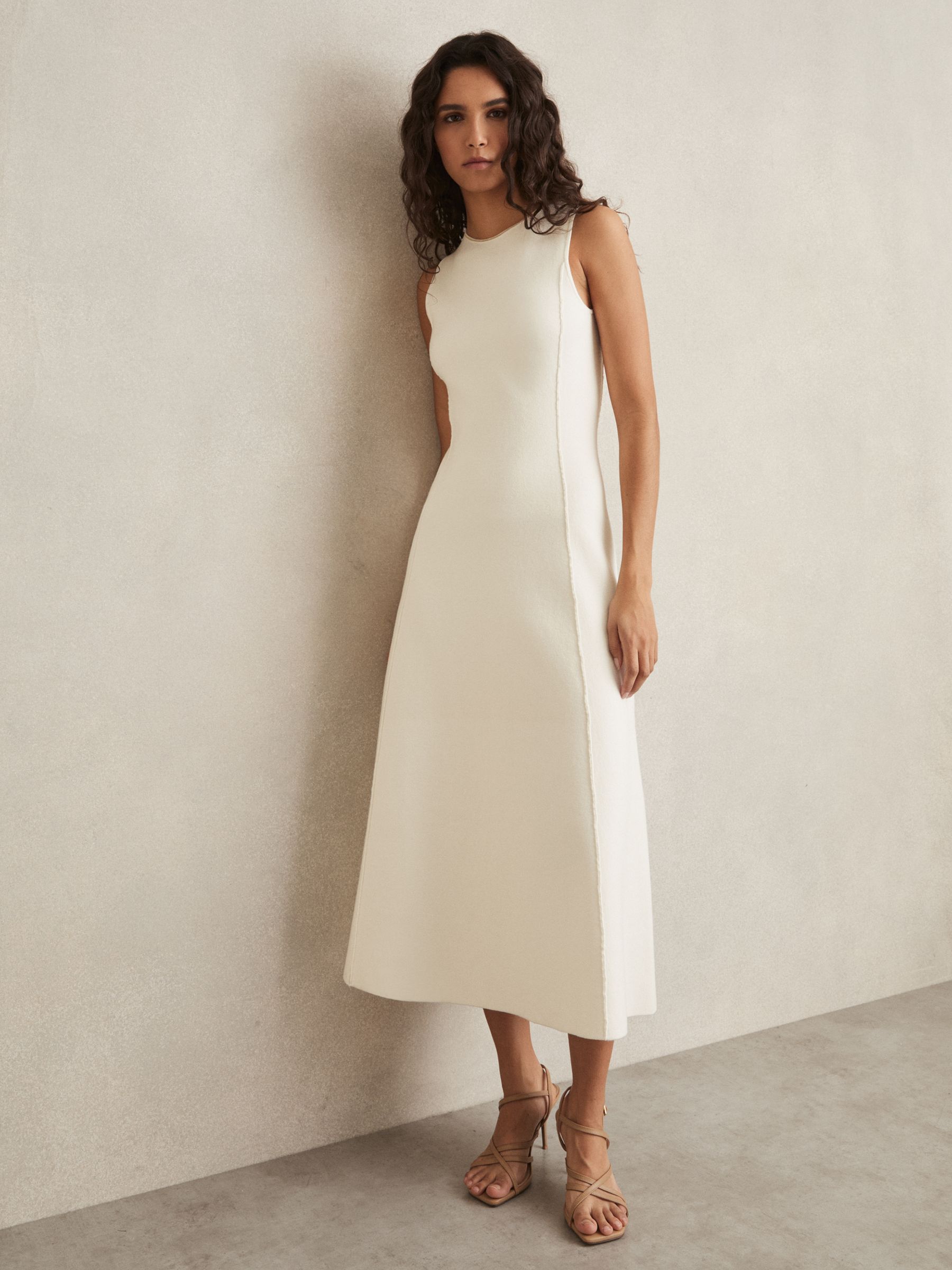 Seam-Detail Knitted Midi Dress in Ivory - Image 1 of 5