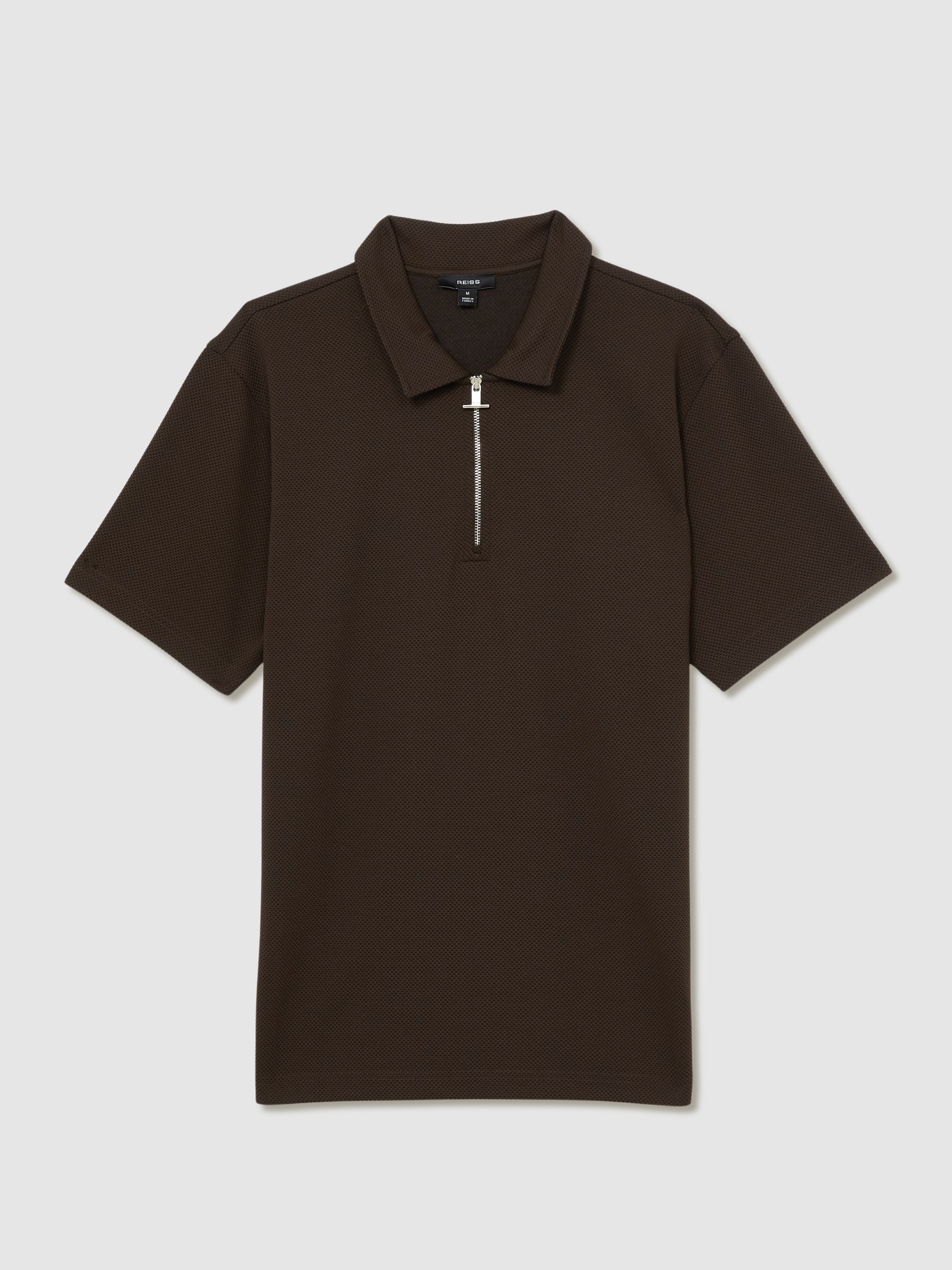Textured Half-Zip Polo Shirt in Chocolate Brown - Image 2 of 6