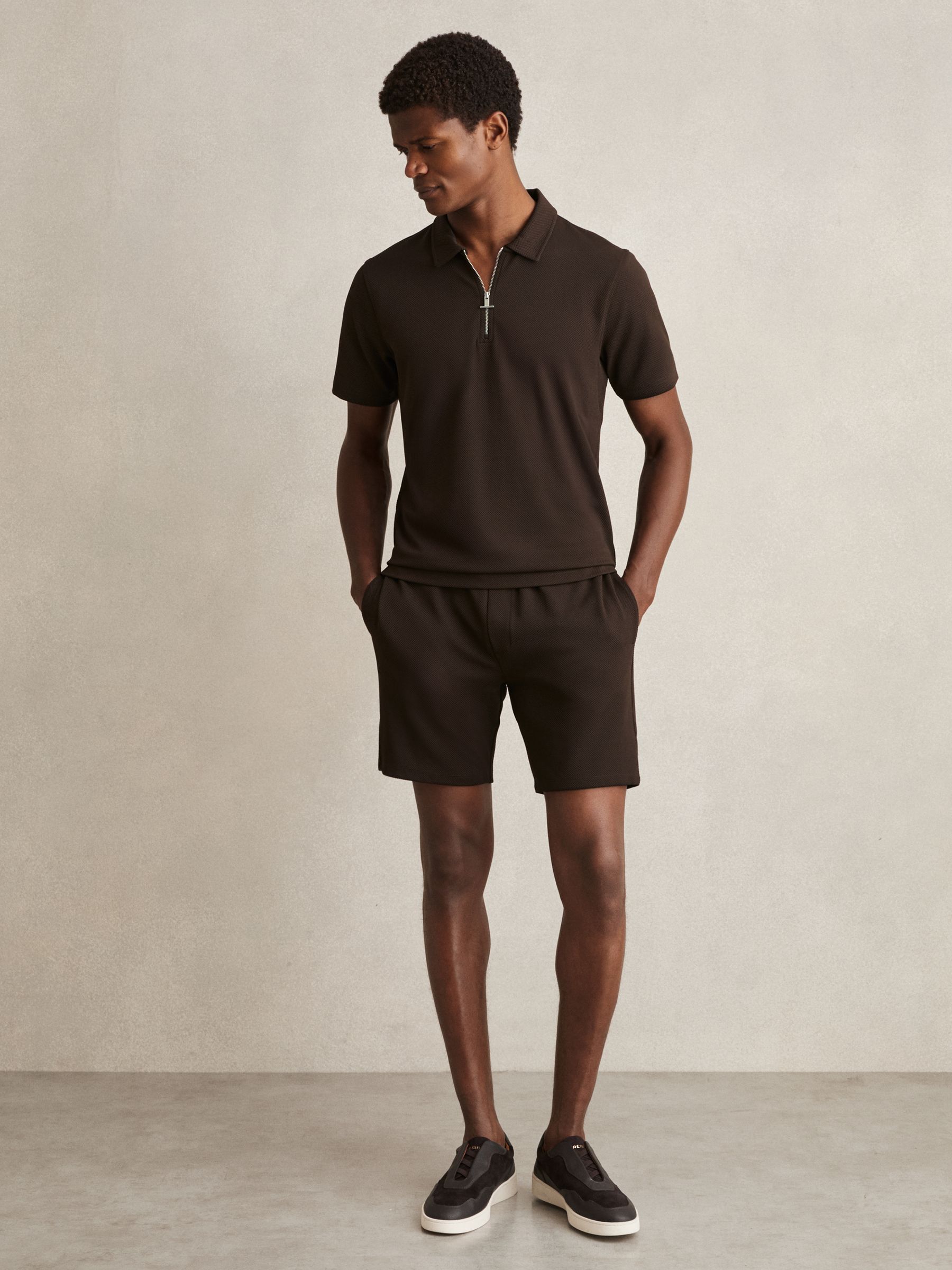 Reiss Textured Half-Zip Polo Shirt in Chocolate Brown | REISS
