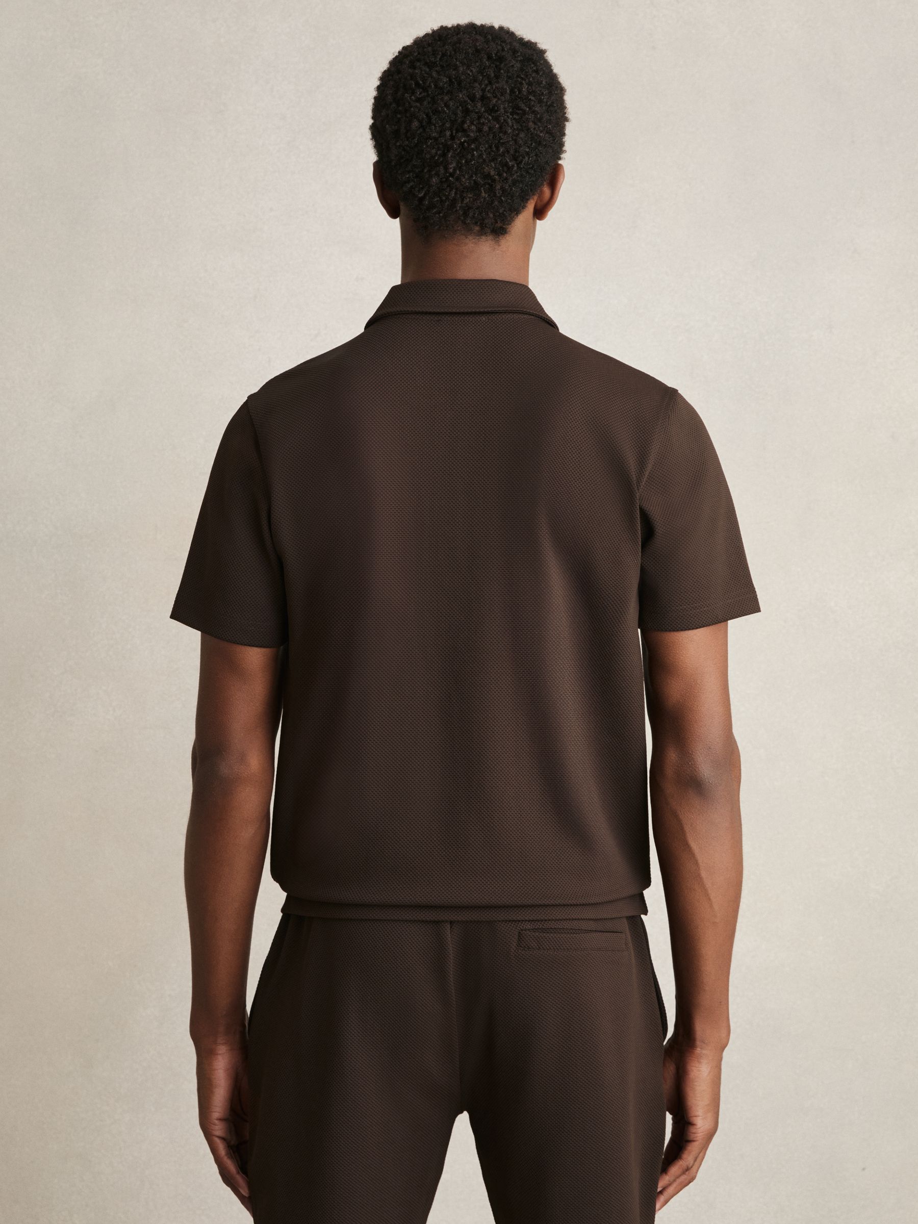 Reiss Textured Half-Zip Polo Shirt in Chocolate Brown | REISS