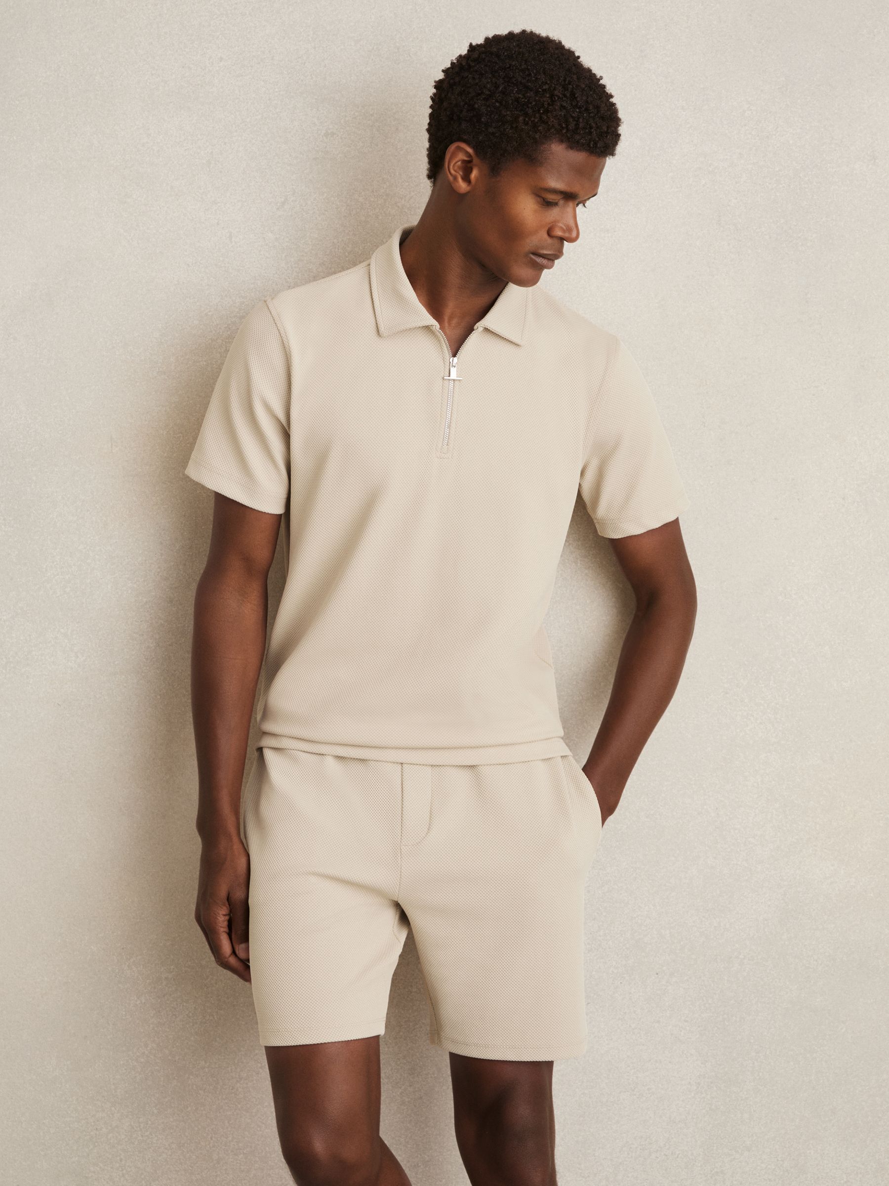 Textured Zip-Neck Polo Shirt in Stone - Image 1 of 6