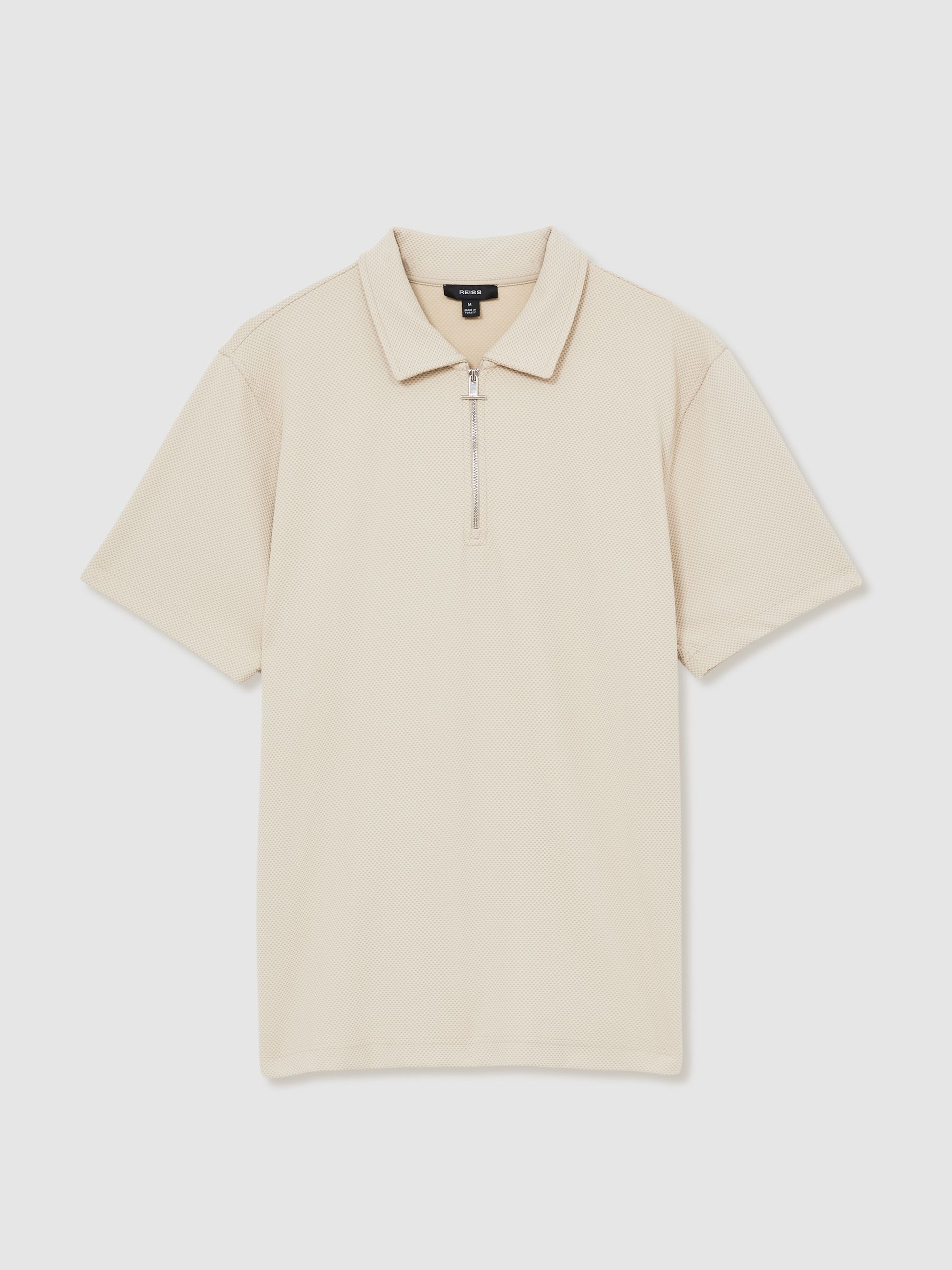 Textured Zip-Neck Polo Shirt in Stone - Image 2 of 6