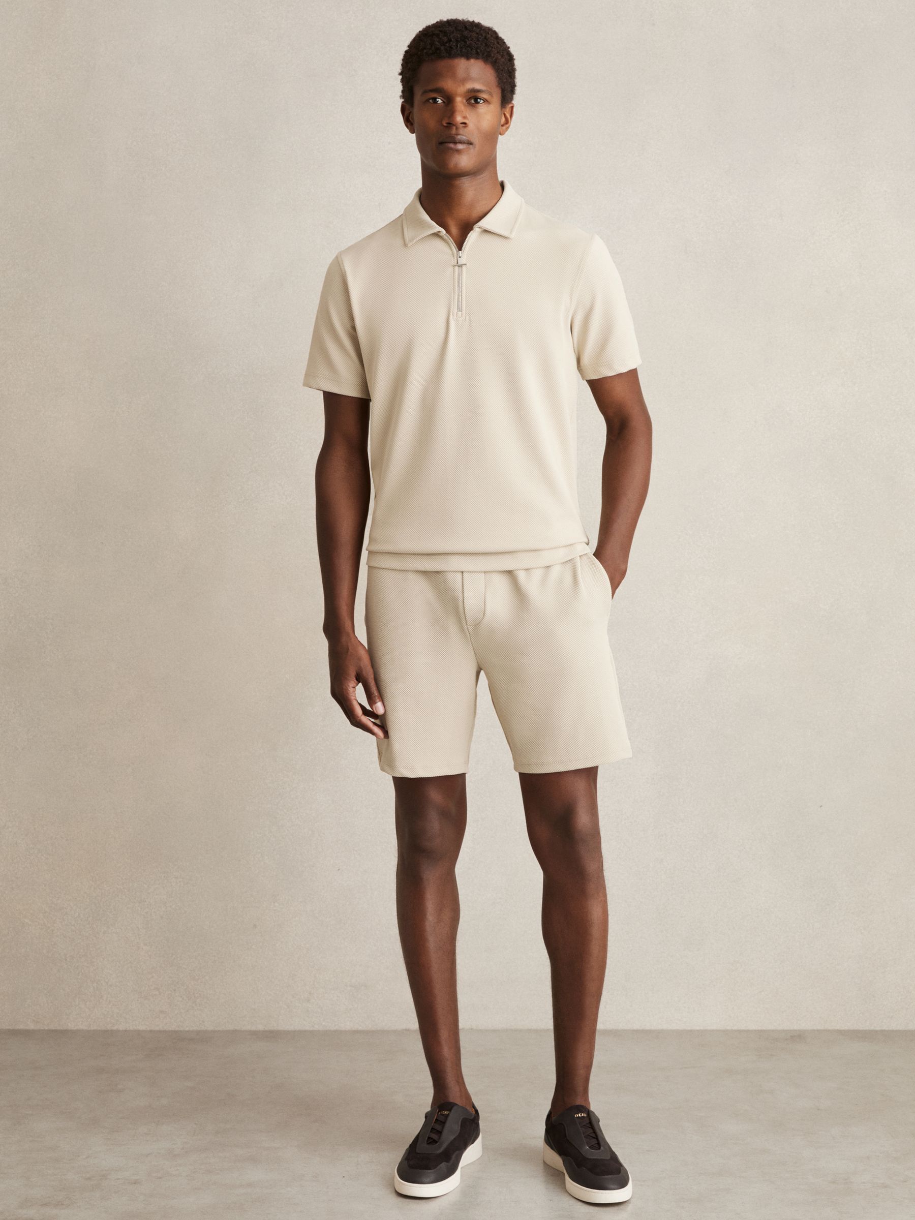 Reiss Textured Zip-Neck Polo Shirt in Stone | REISS Reiss Textured Zip-Neck Polo Shirt in Stone | REISS