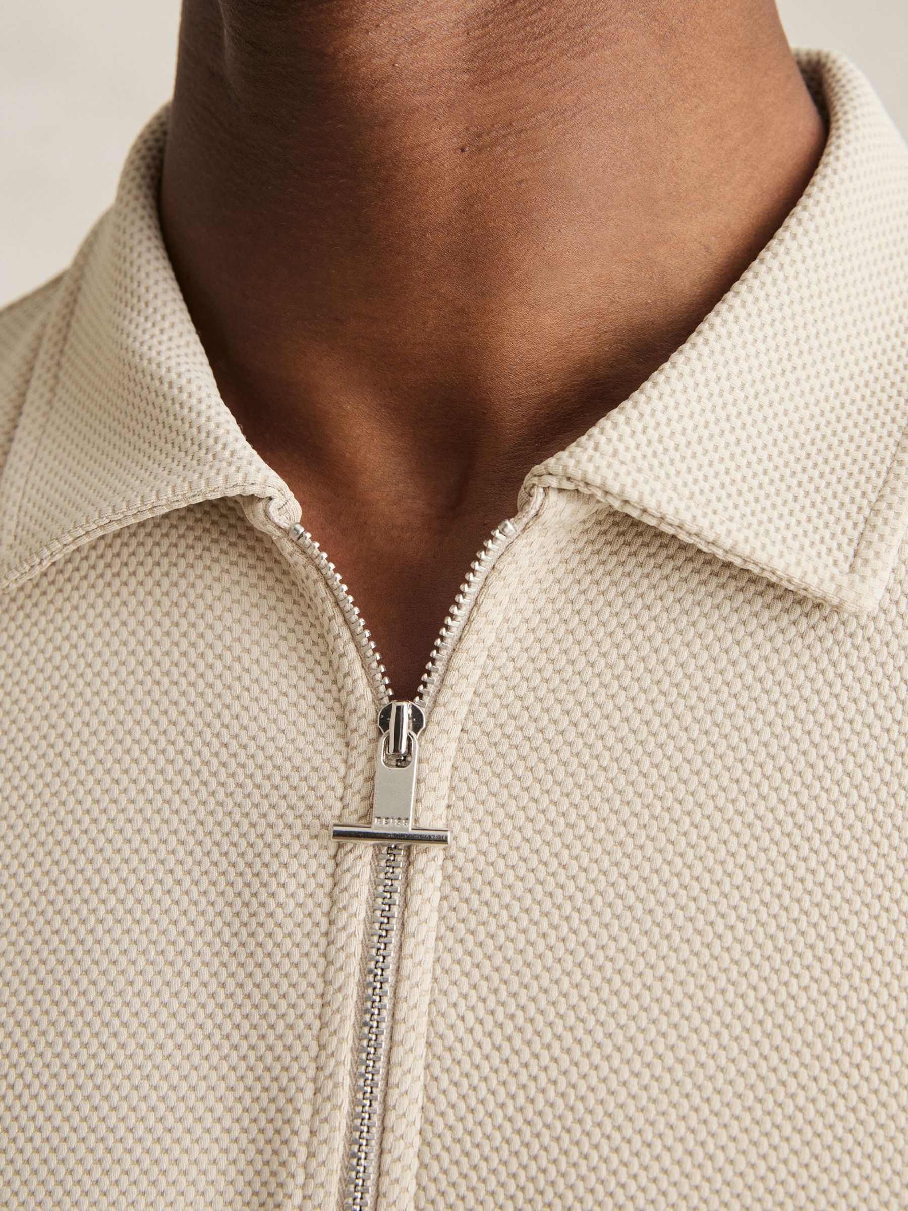 Textured Zip-Neck Polo Shirt in Stone - Image 4 of 6
