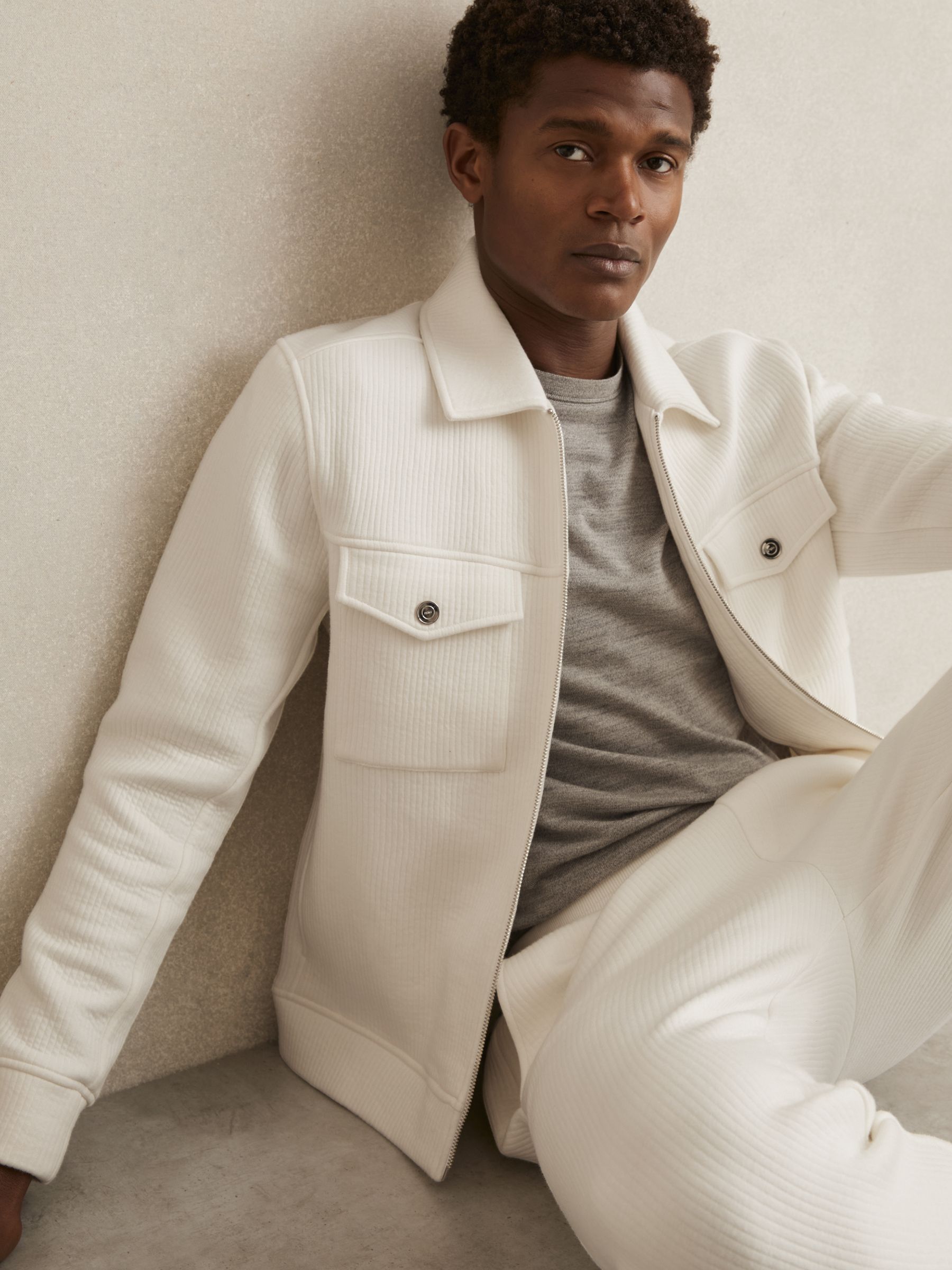 Jersey Ribbed Zip Overshirt in White - Image 1 of 7
