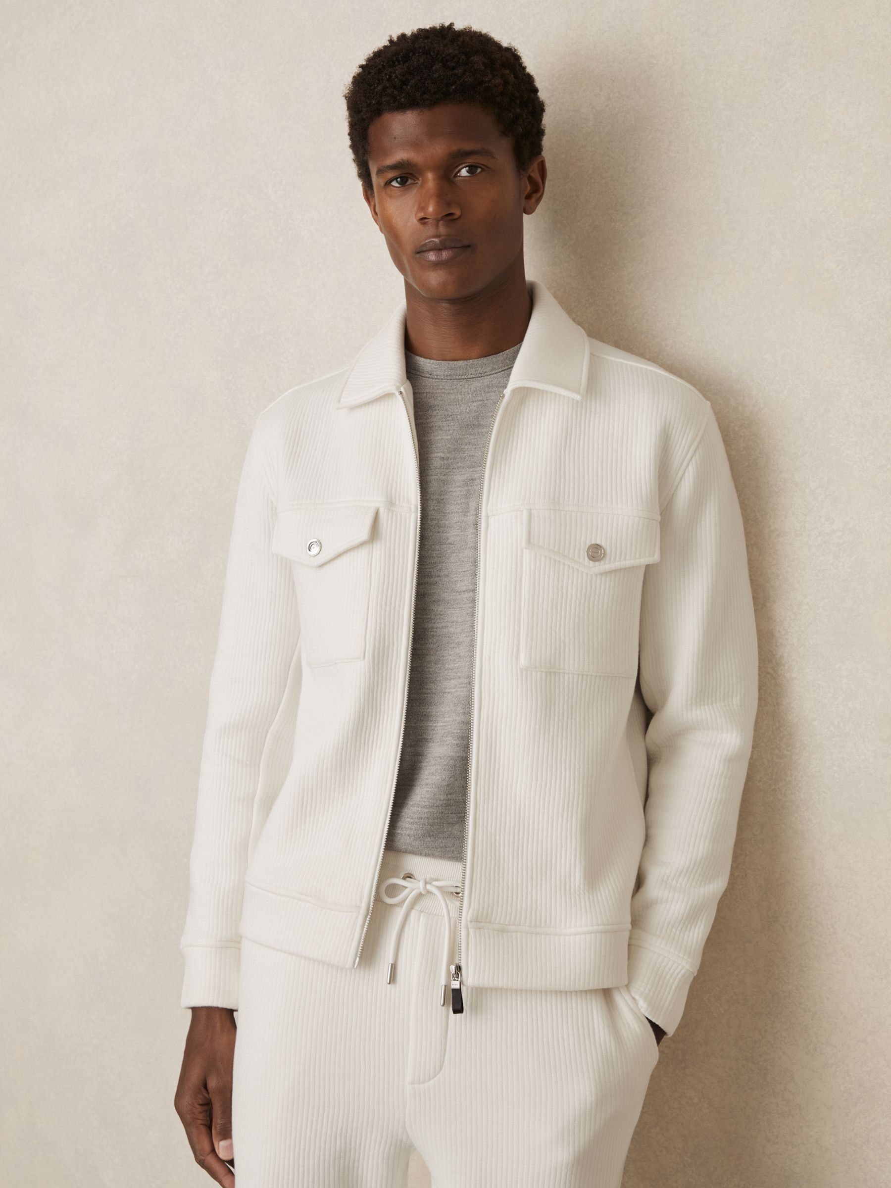Jersey Ribbed Zip Overshirt in White - Image 6 of 7