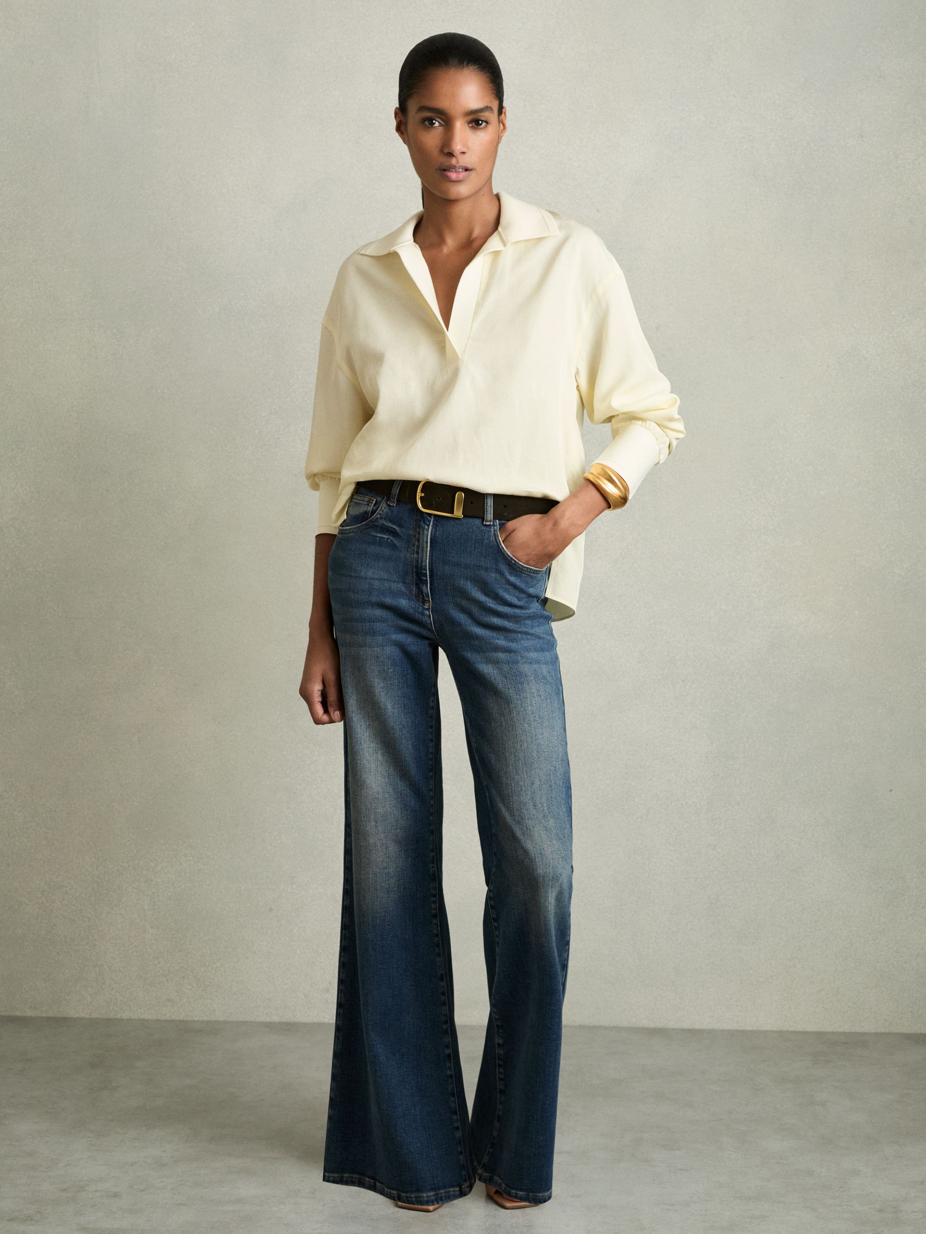 Reiss Overhead Open-Collar Shirt With Linen in Pale Yellow | REISS