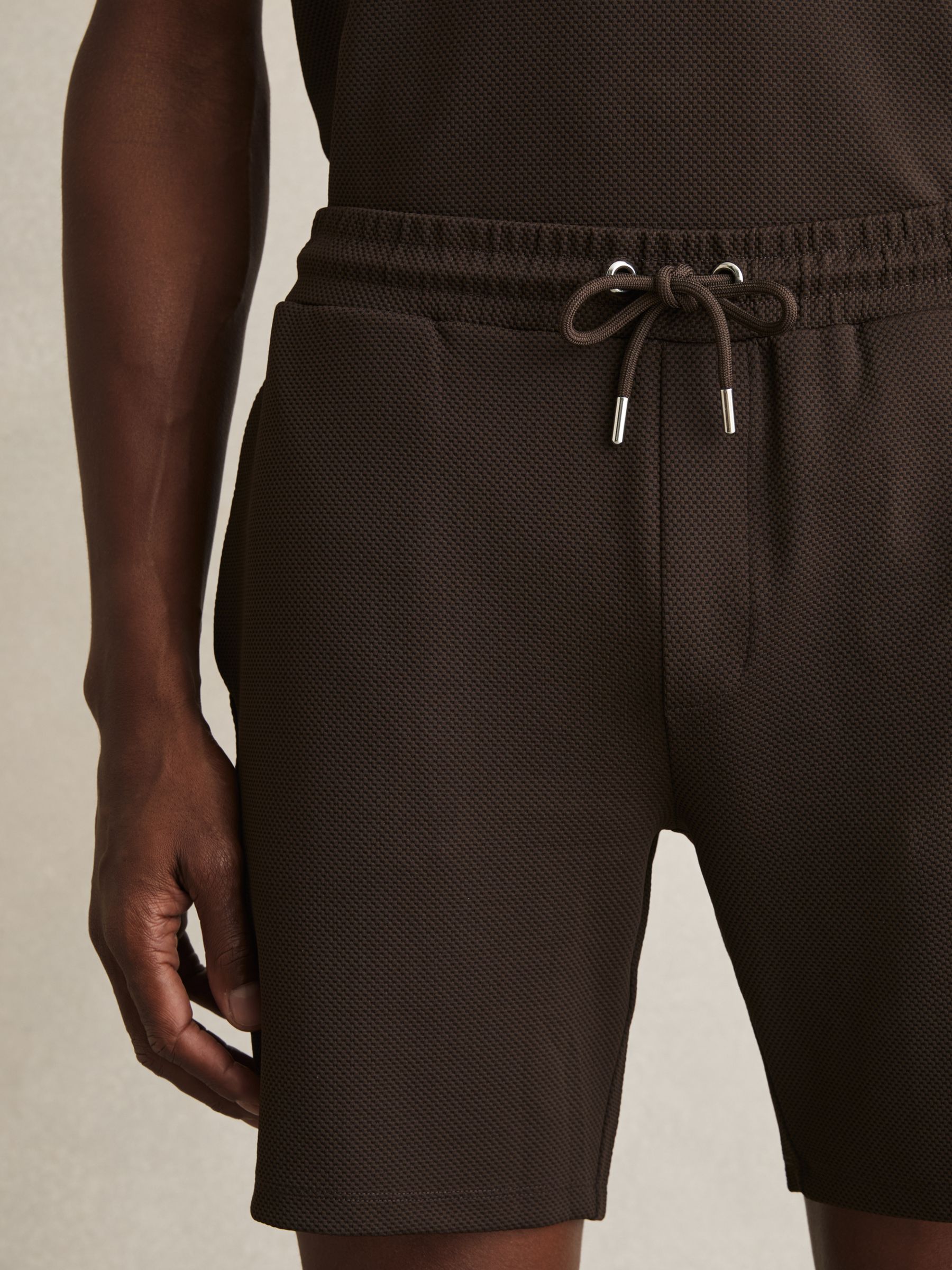 Textured Drawstring Shorts in Chocolate Brown - Image 3 of 5