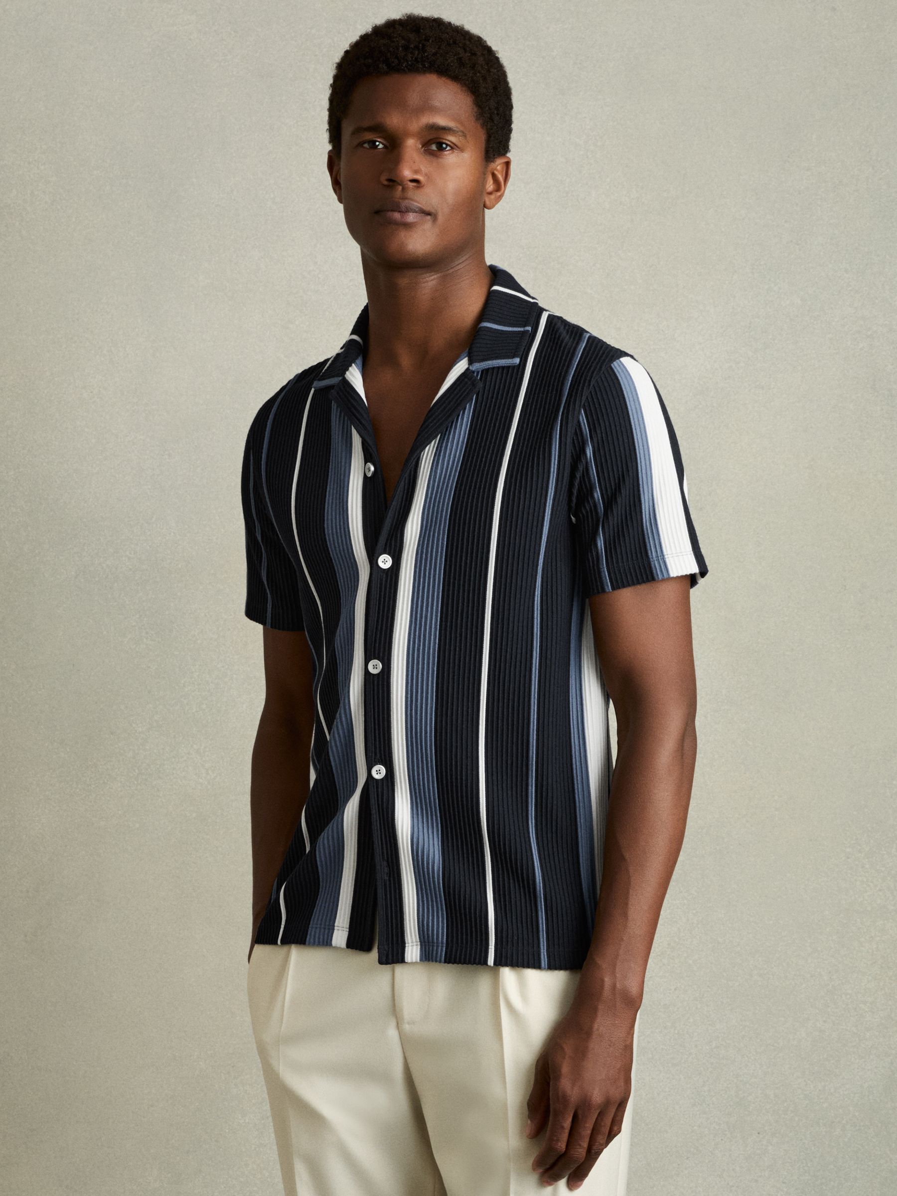 Striped Cuban-Collar Shirt in Navy Multi - Image 1 of 6