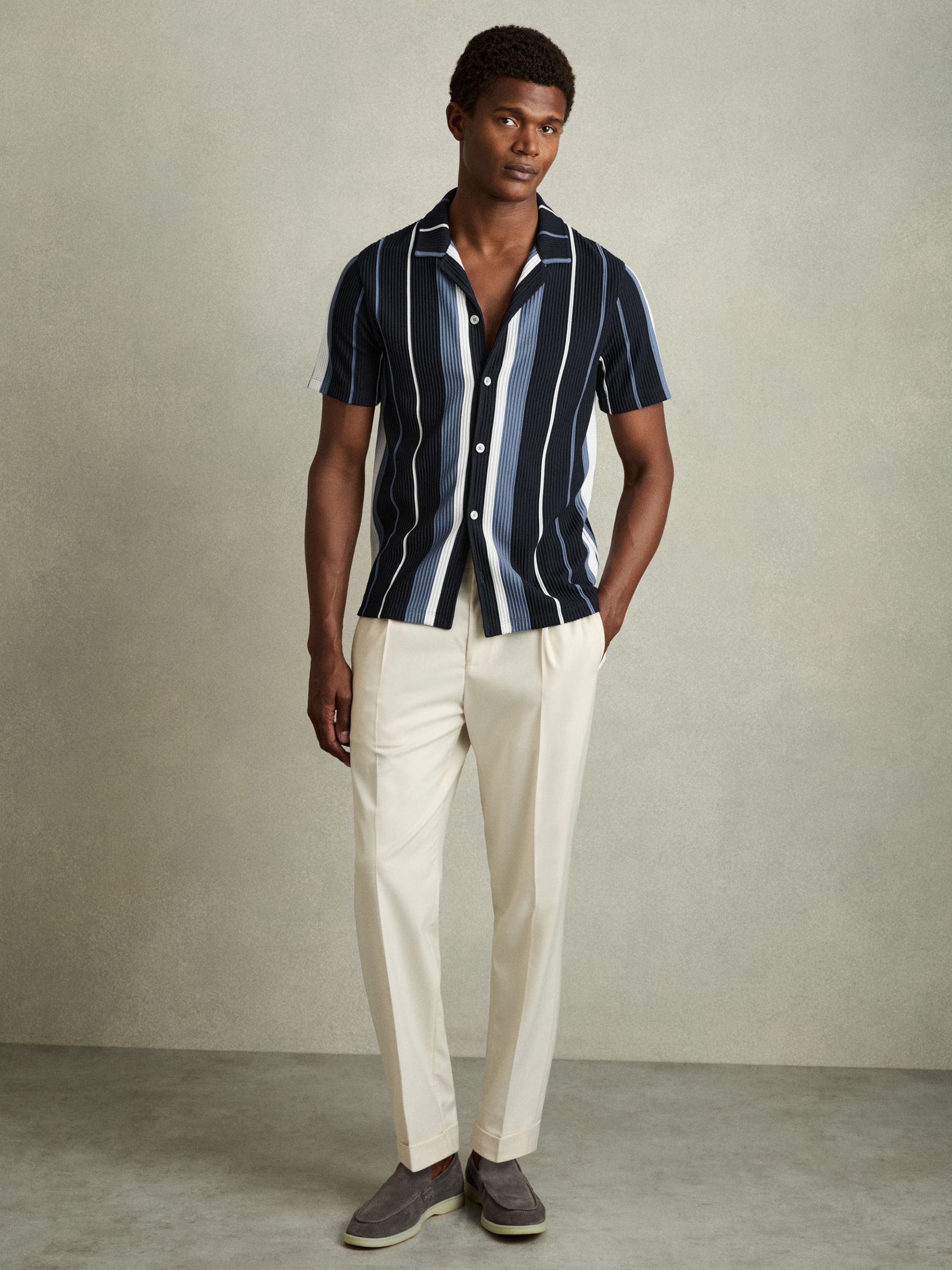 Striped Cuban-Collar Shirt in Navy Multi - Image 3 of 6