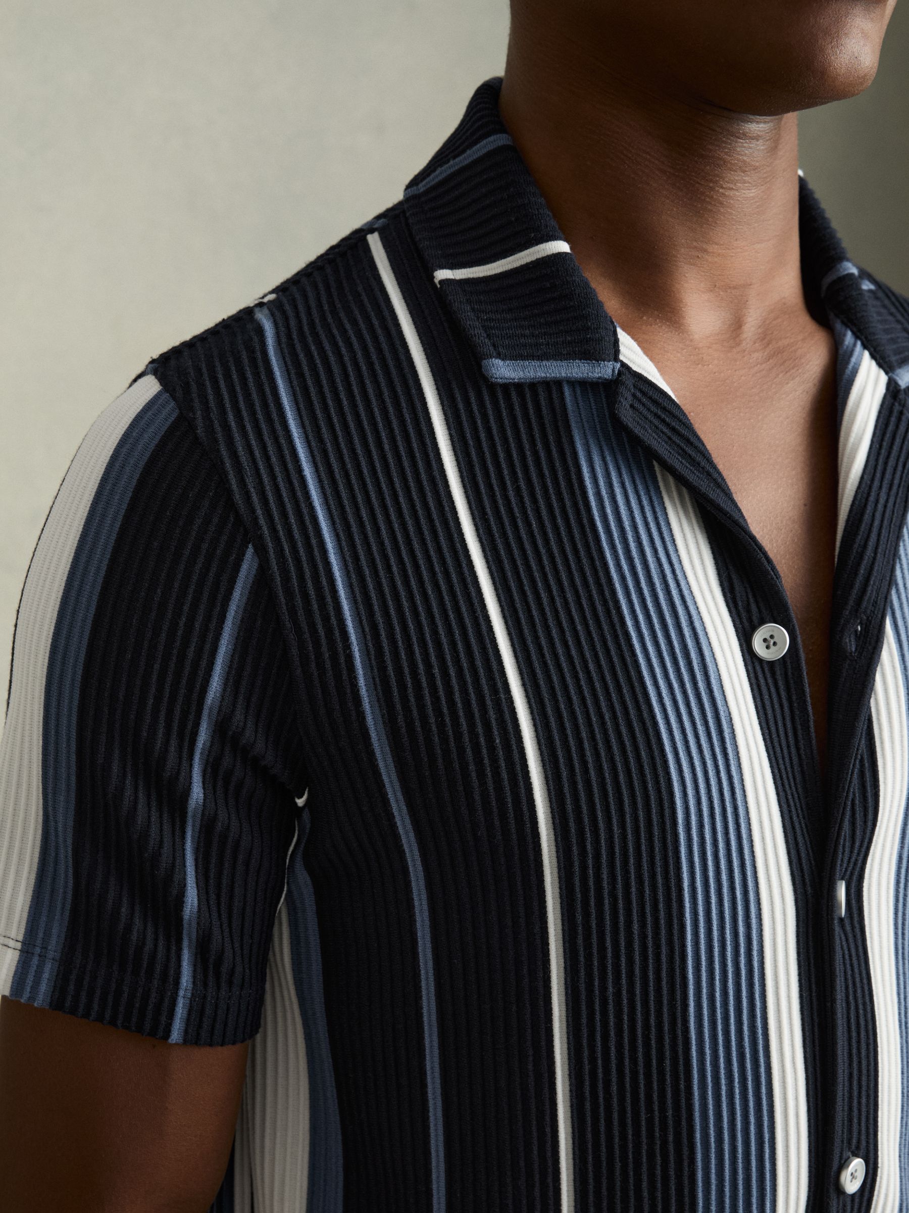 Reiss Striped Cuban-Collar Shirt in Navy Multi | REISS