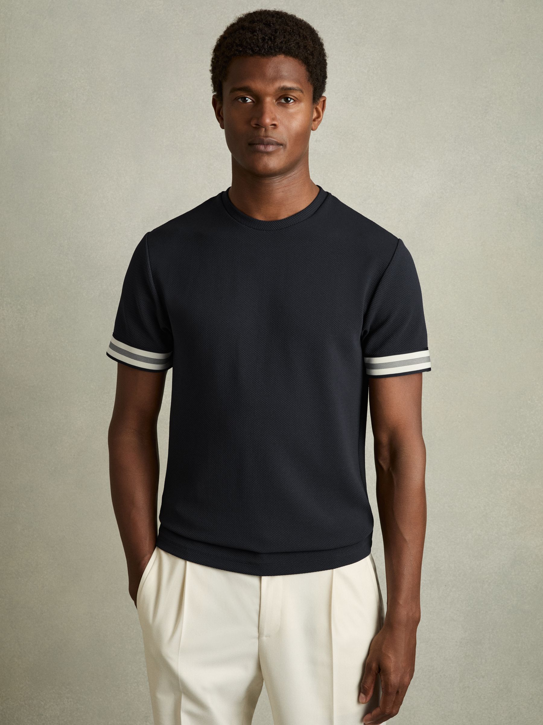 Tape-Cuff Textured T-Shirt in Navy - Image 1 of 6