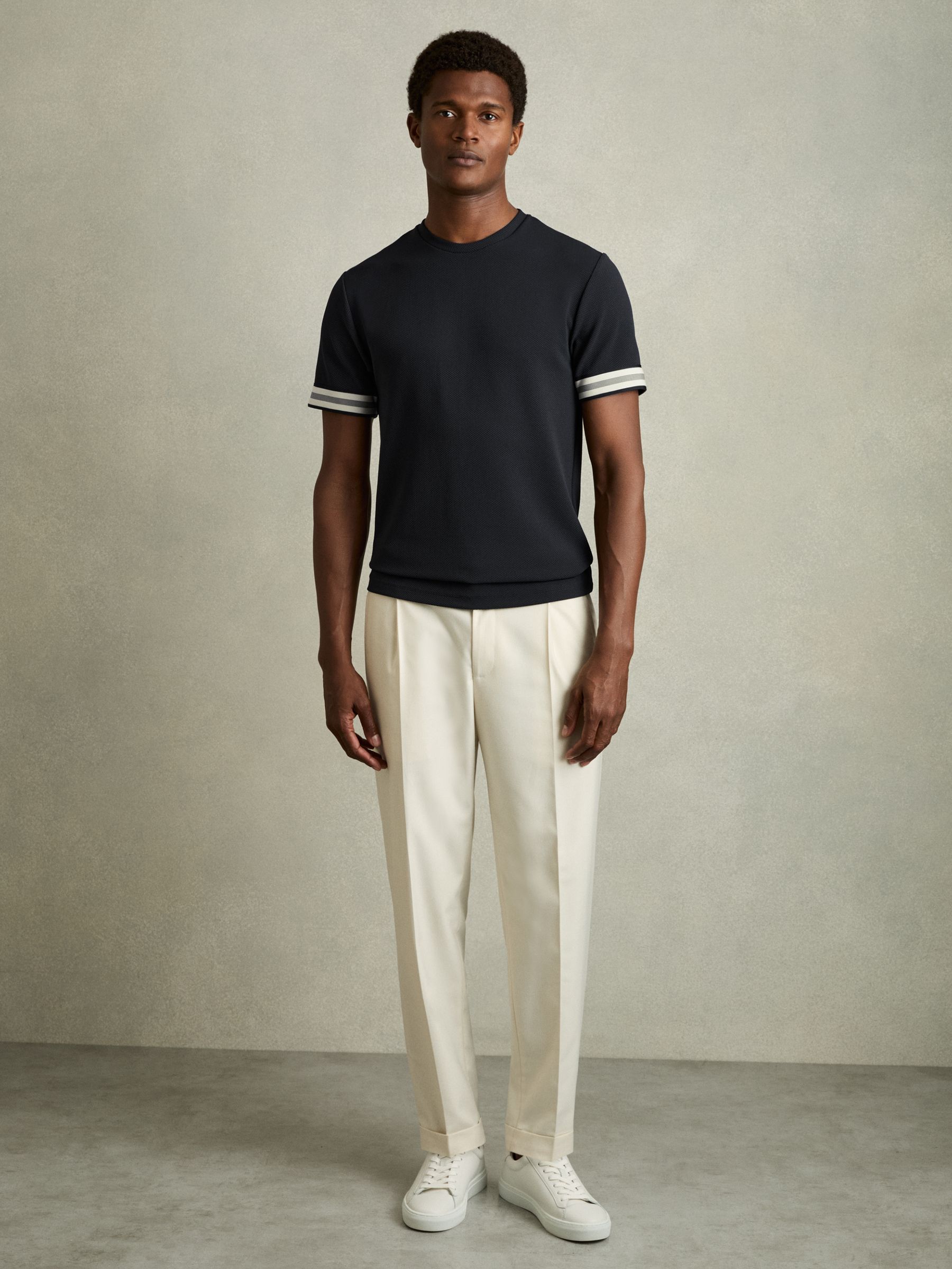 Tape-Cuff Textured T-Shirt in Navy - Image 3 of 6