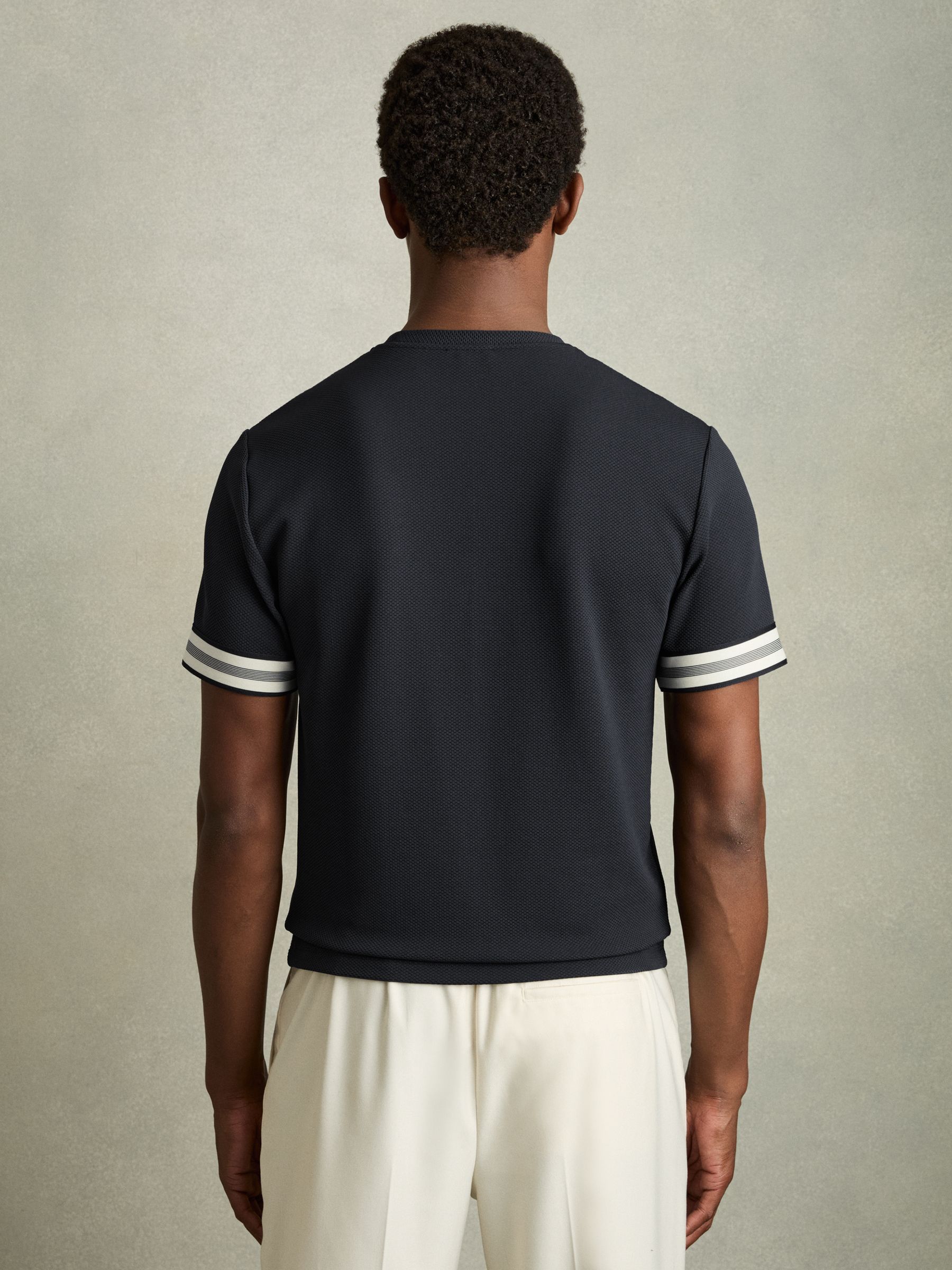 Tape-Cuff Textured T-Shirt in Navy - Image 5 of 6