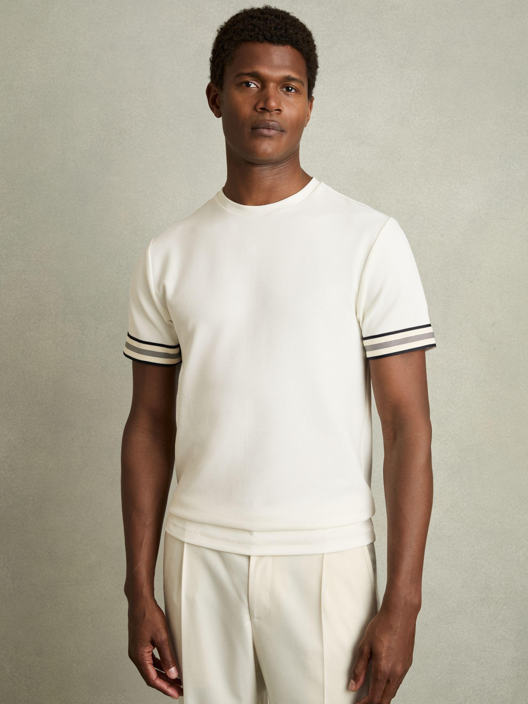 Tape-Cuff Textured T-Shirt in White - Image 1 of 6