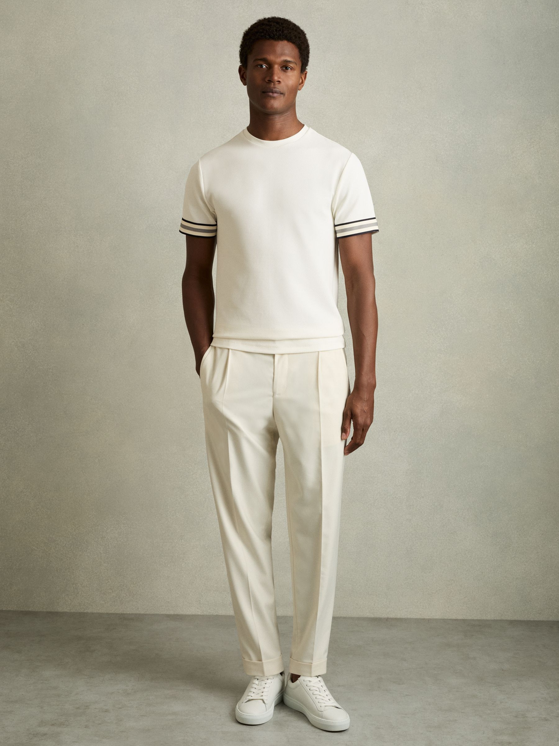 Tape-Cuff Textured T-Shirt in White - Image 3 of 6