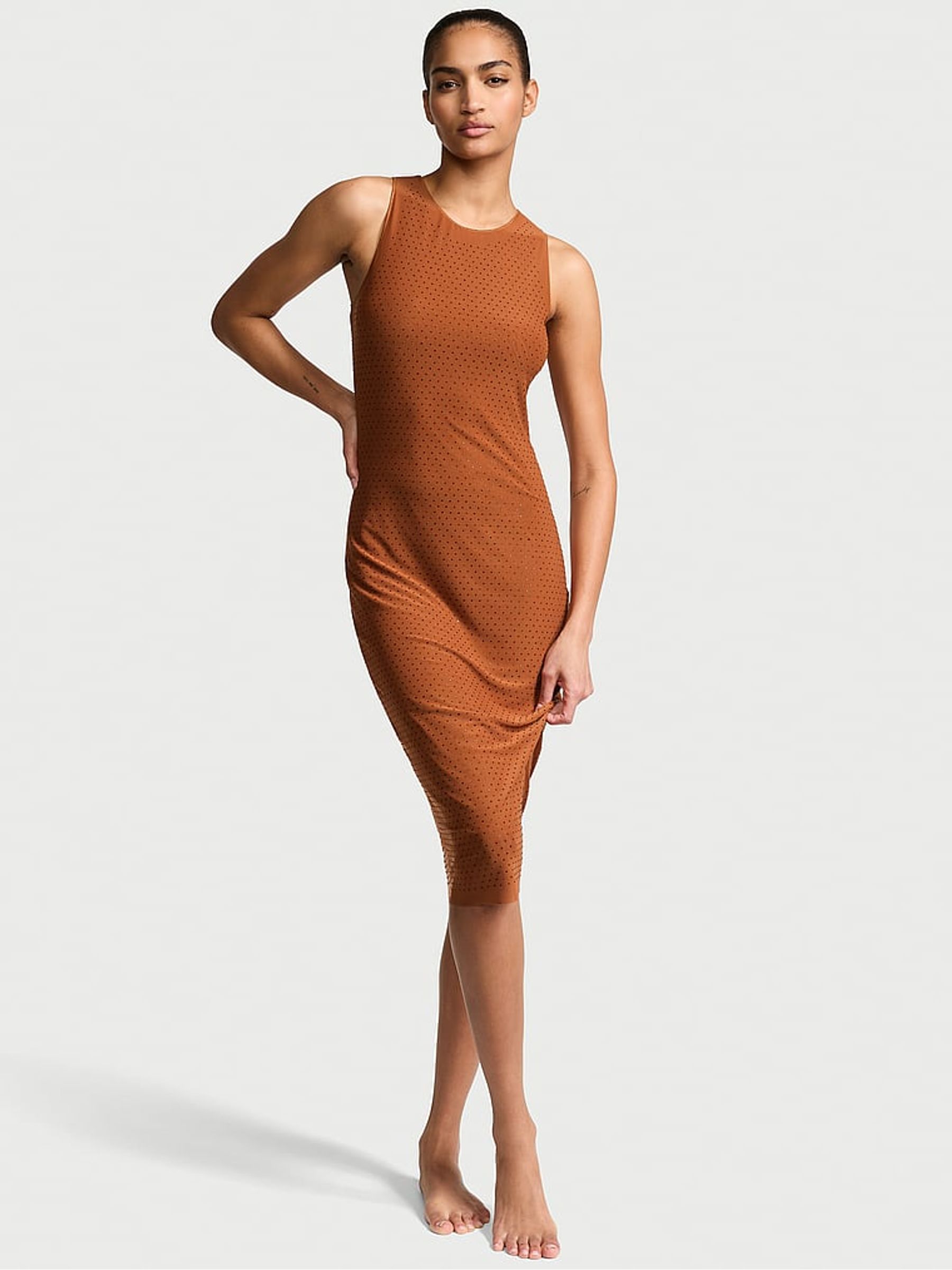 Cinnamon Brown Diamante Mesh Midi Swim Cover Up Dress - Image 1 of 3