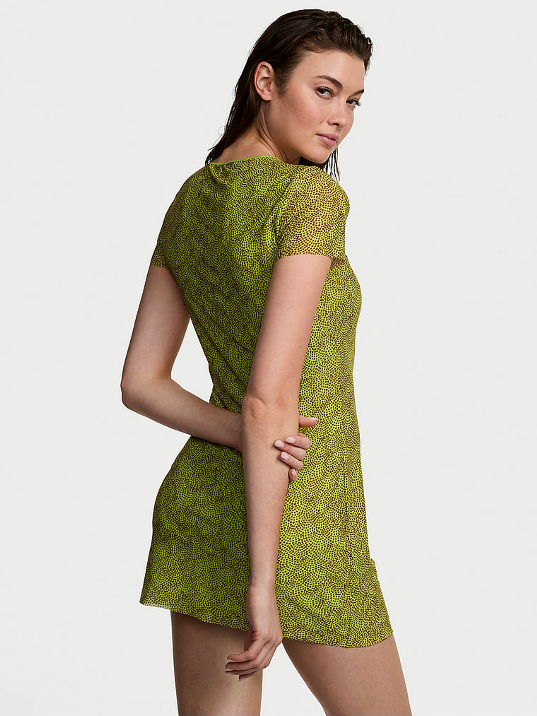 Limelight Green Dots Mesh Cover Up Mini Dress - Image 2 of 3
