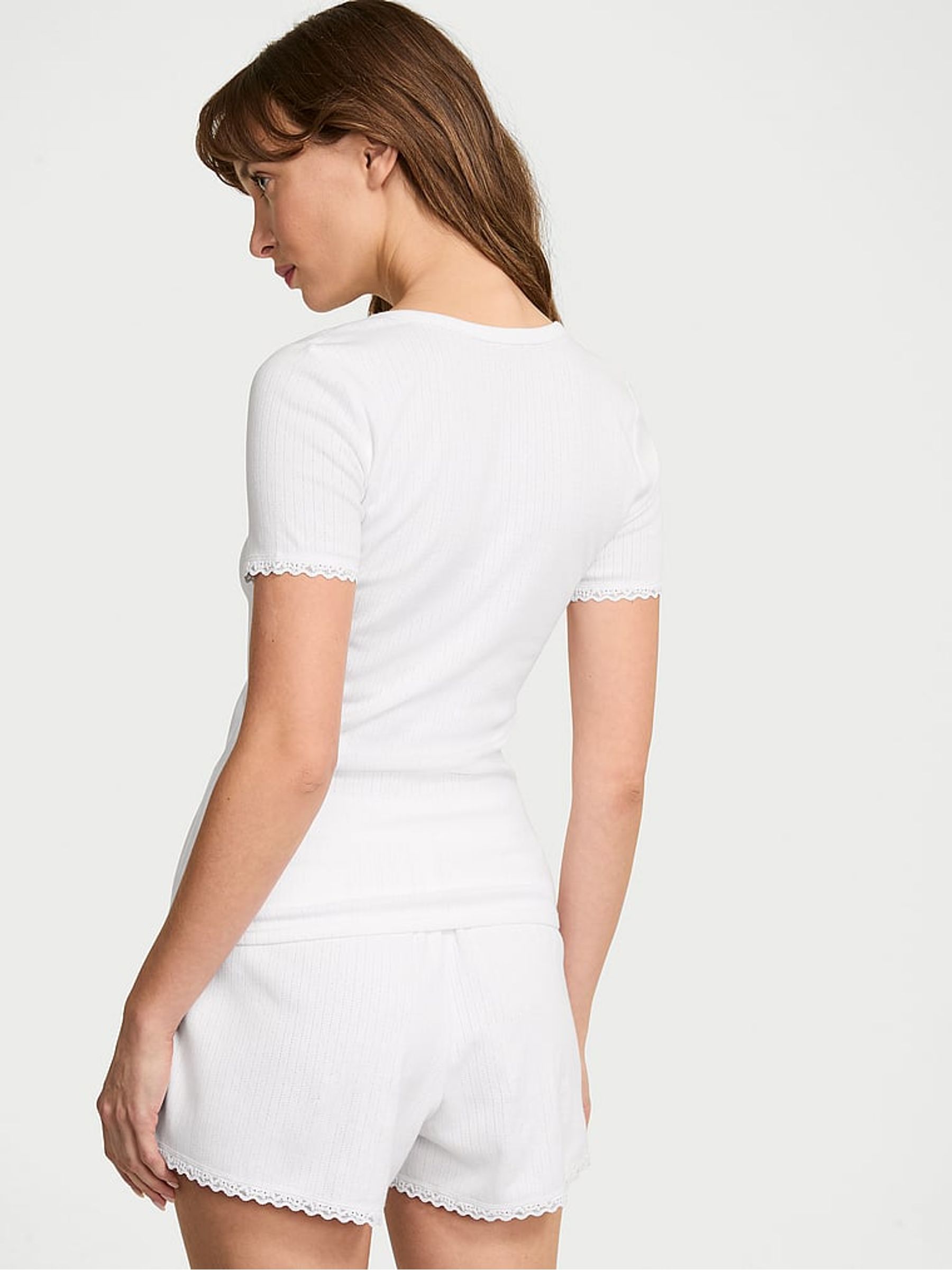 White Pointelle Henley Short Sleeve Pyjama Set - Image 2 of 2