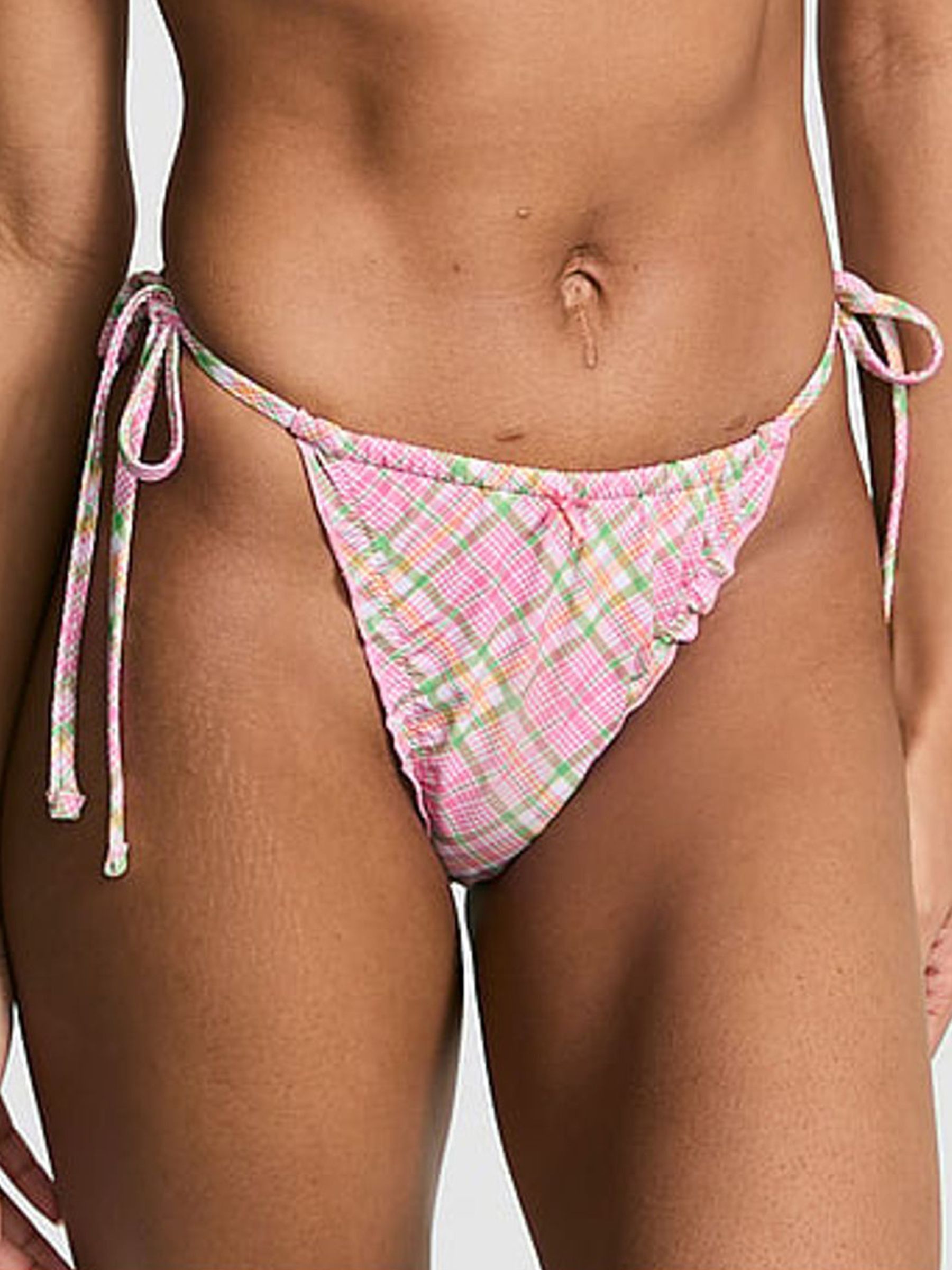 Strawberry Plaid Pink Reign Thong Bikini Bottoms - Image 1 of 3