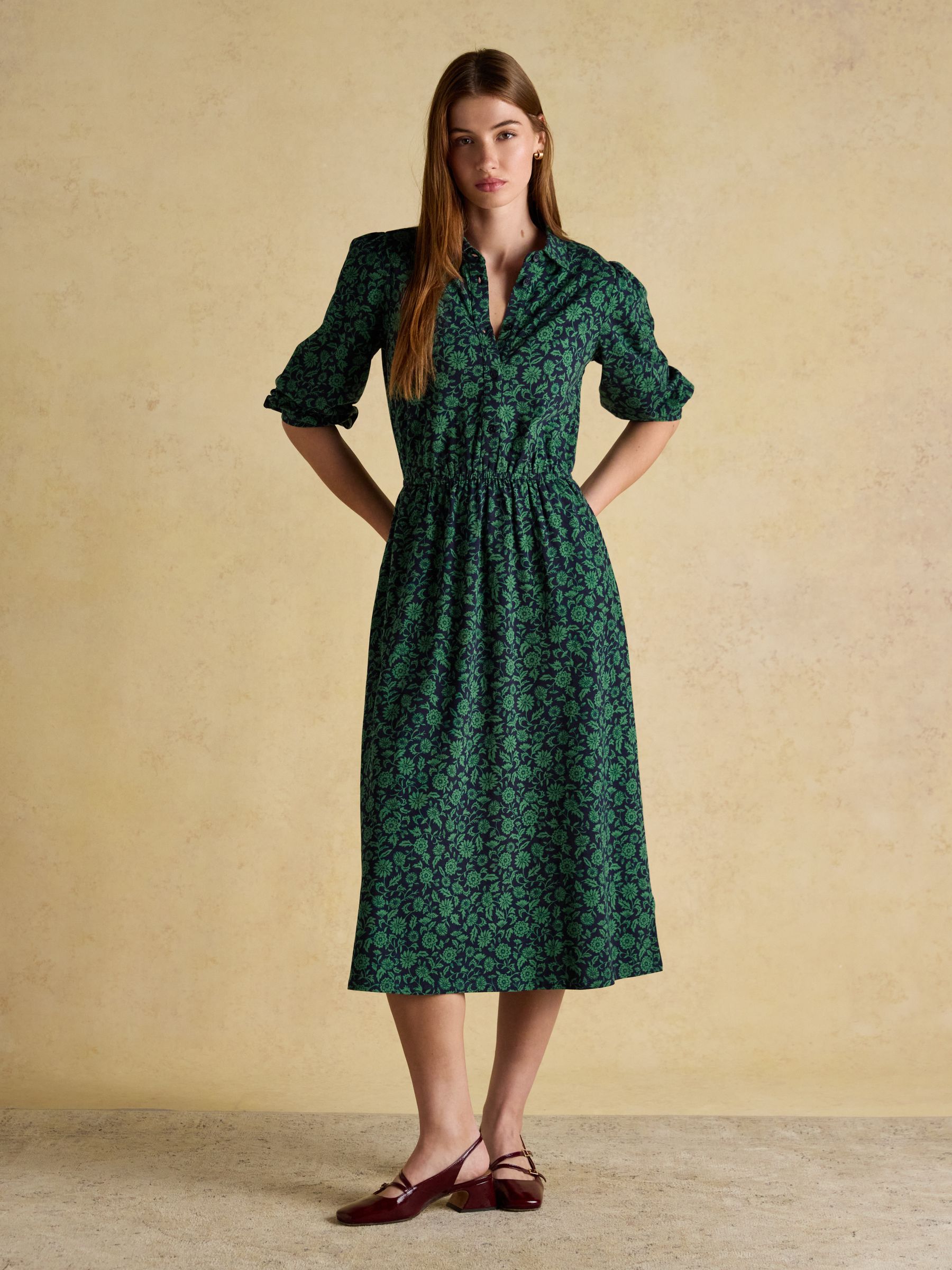 Hazel Green Jersey Midi Long Sleeve Shirt Dress with Collar - Image 1 of 8