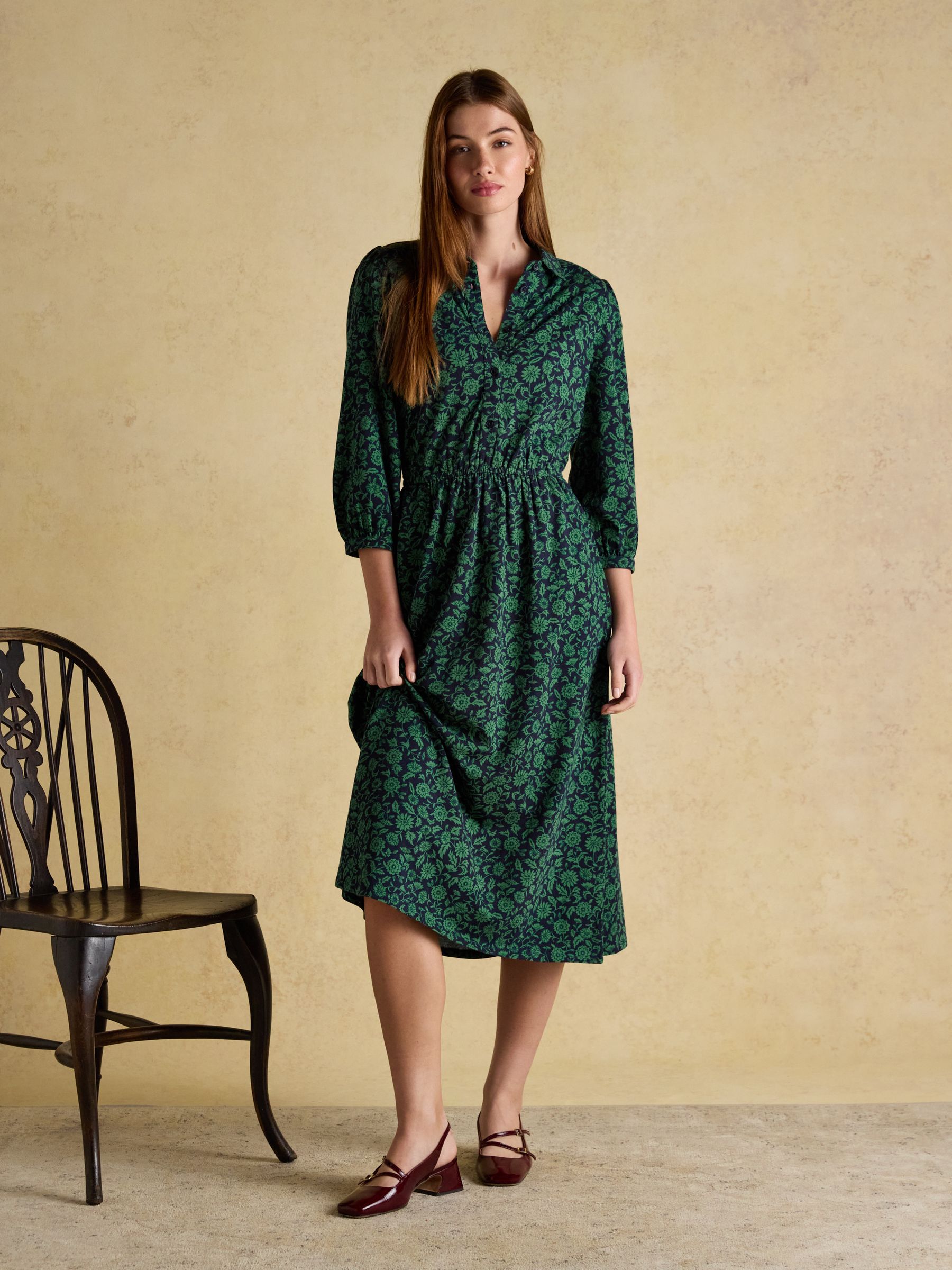 Hazel Green Jersey Midi Long Sleeve Shirt Dress with Collar - Image 5 of 8