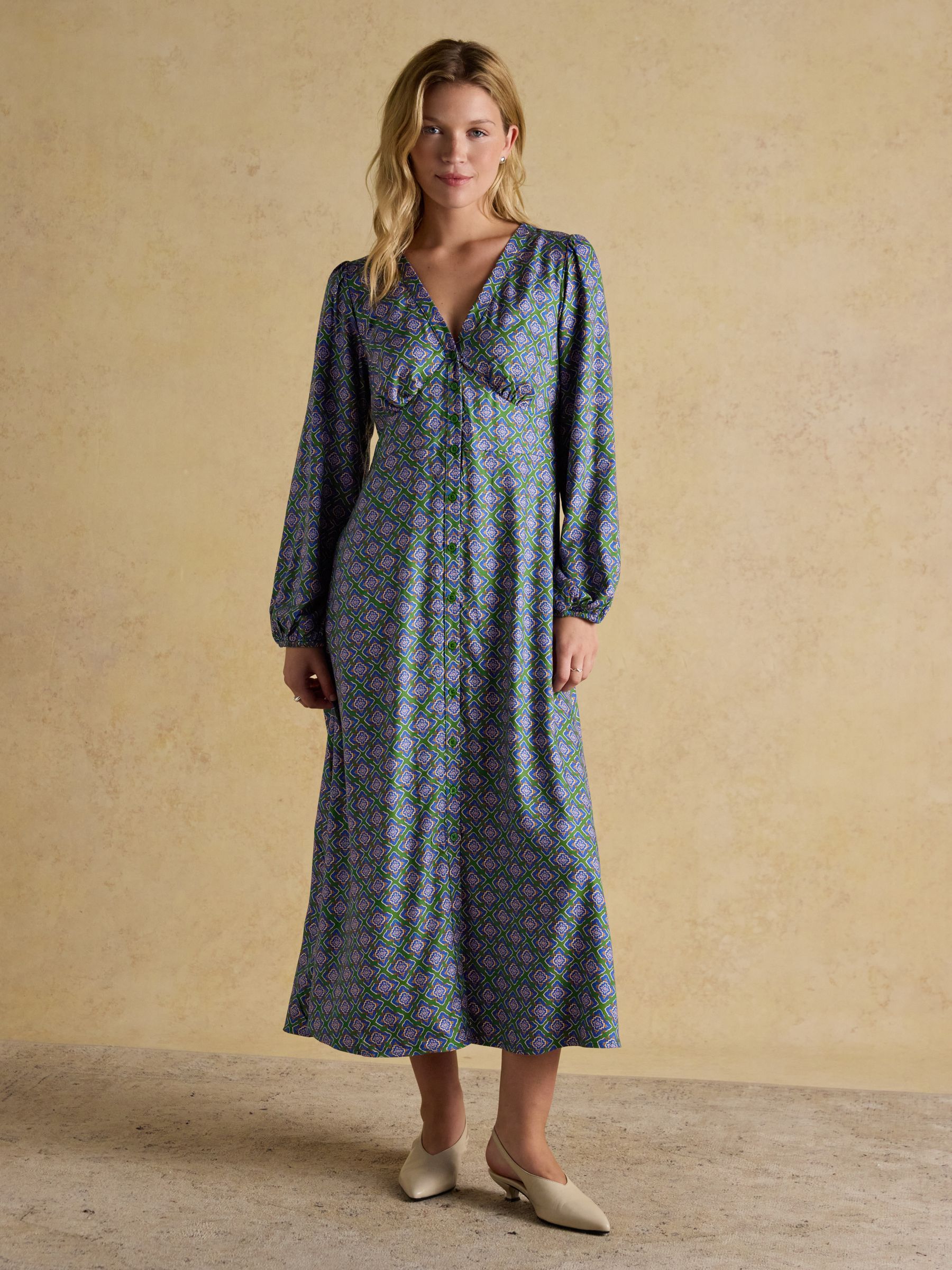 Gabriella Blue & Green Geo Print Midi Dress | Joules