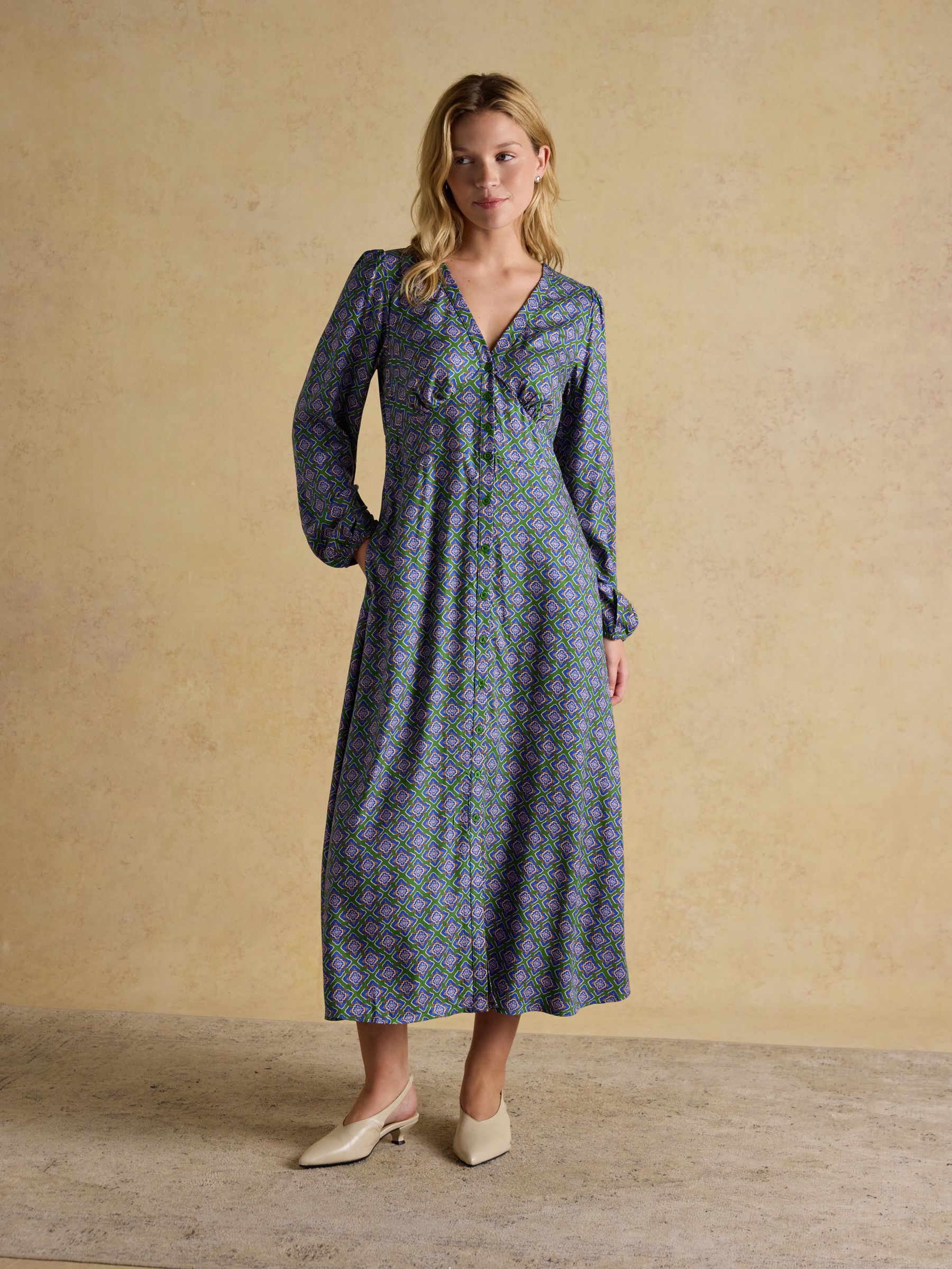 Gabriella Blue & Green Geo Print Midi Dress - Image 5 of 7