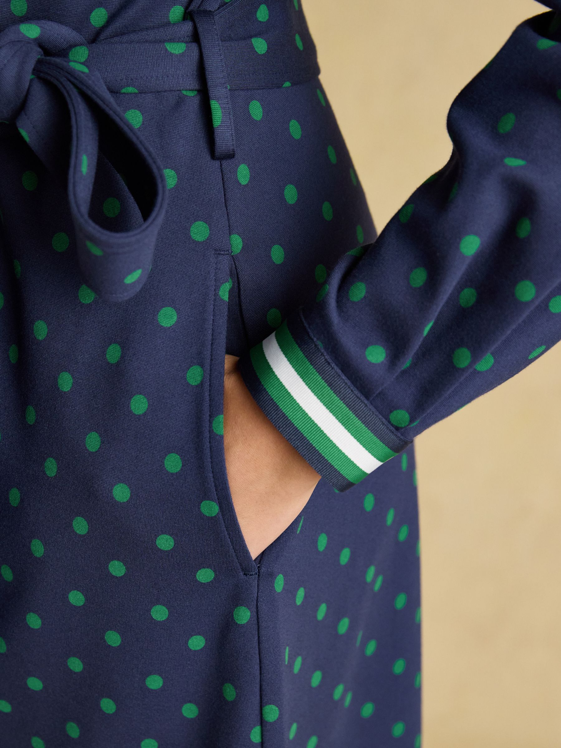 Louisa Navy Spot Tie Waist Long Sleeve Ponte Dress - Image 6 of 11