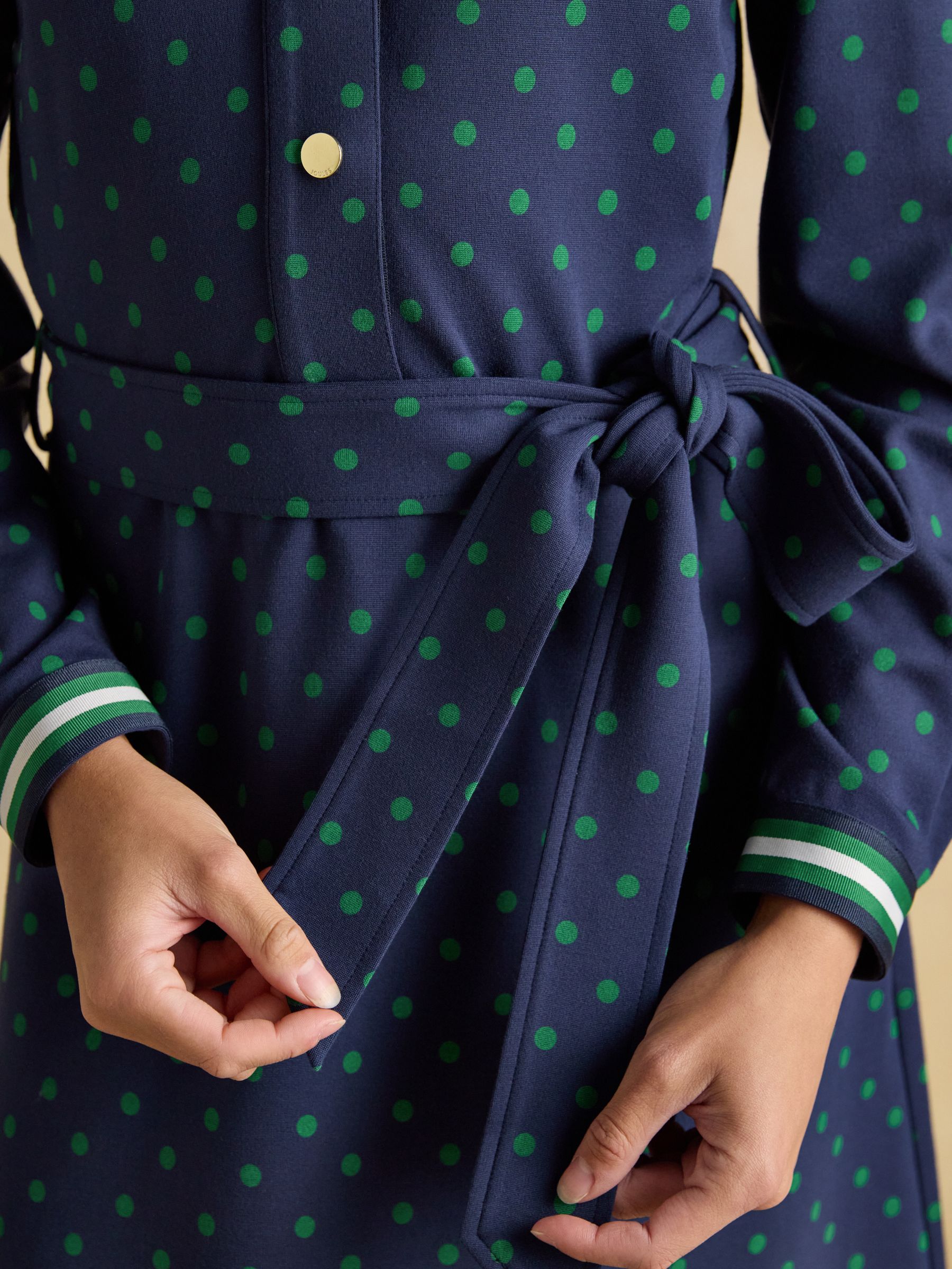 Louisa Navy Spot Tie Waist Long Sleeve Ponte Dress - Image 8 of 11