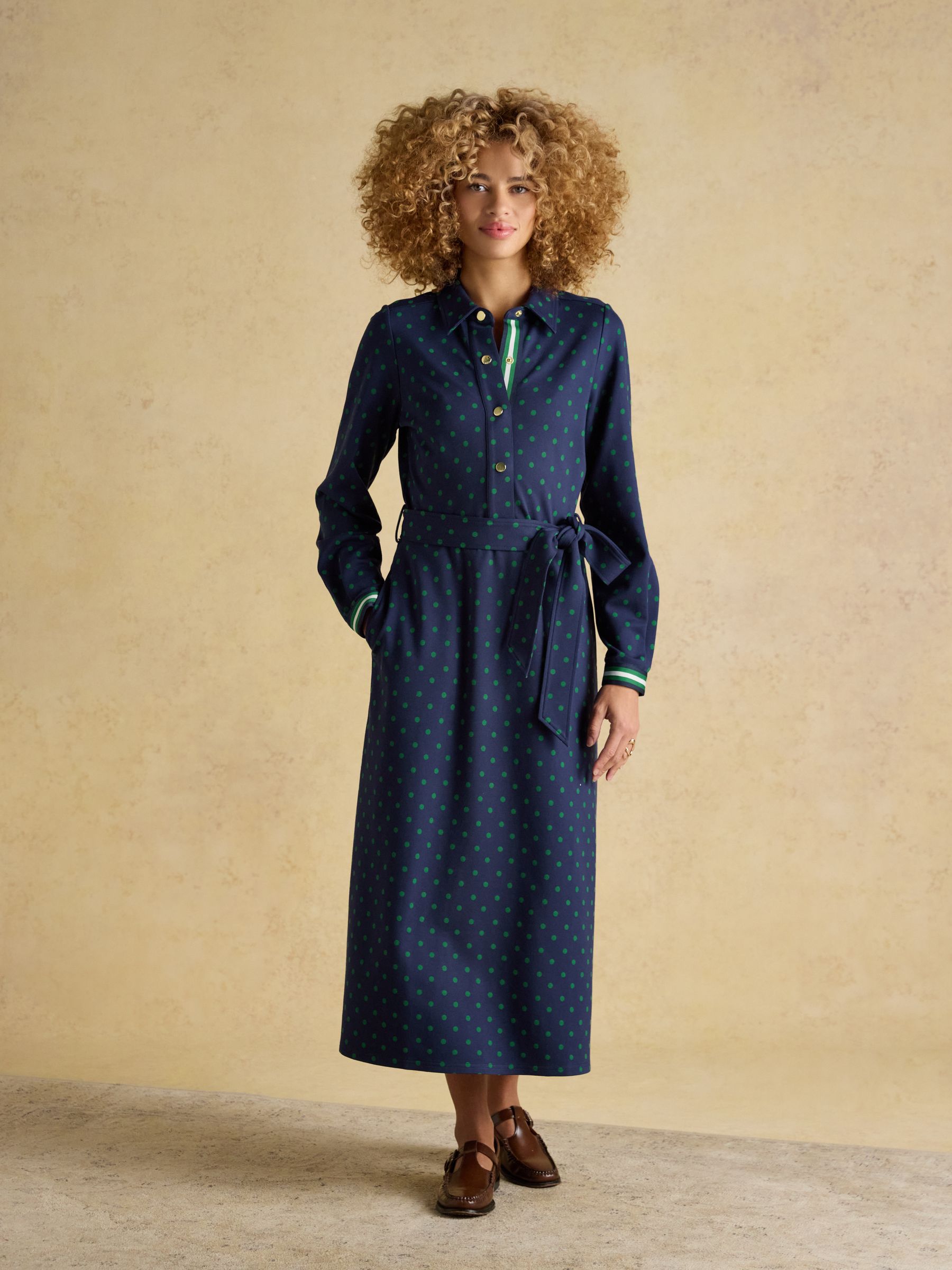 Louisa Navy Spot Tie Waist Long Sleeve Ponte Dress - Image 9 of 11