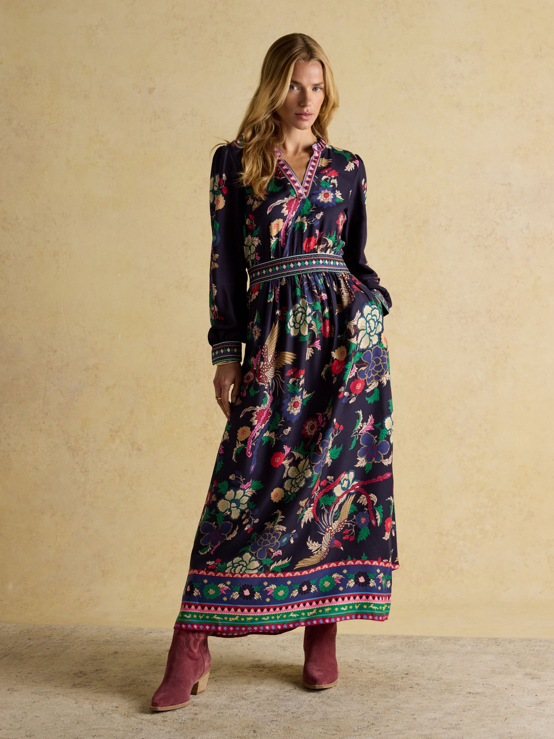 Cressida Navy Placement Floral Long Sleeve Maxi Dress - Image 3 of 10