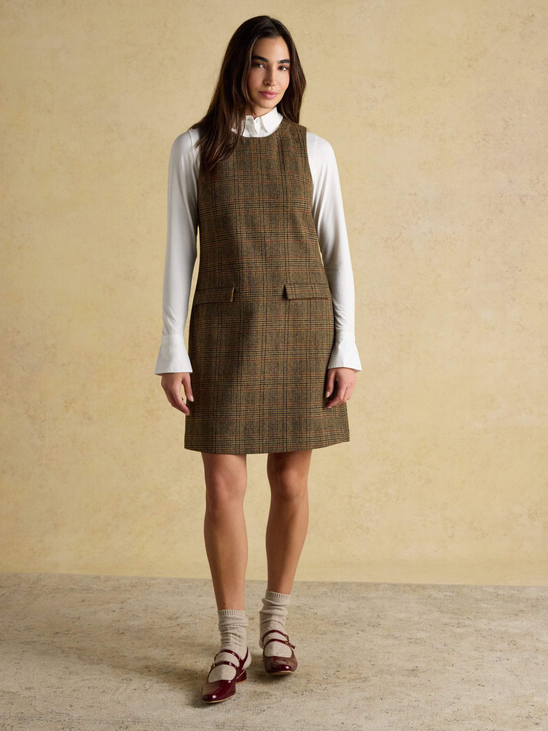 Edwina Brown Check Shift Tweed Wool Blend Sleeveless Dress with